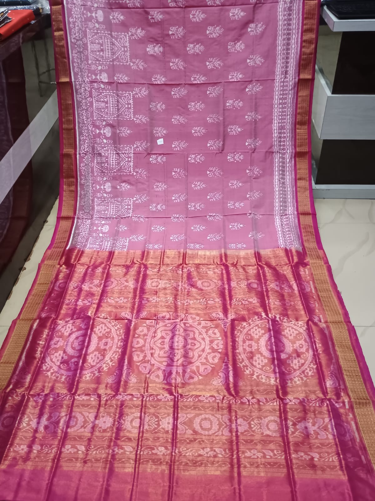 Peach Magenta Tree Design Half Tissue Sambalpuri Silk Saree