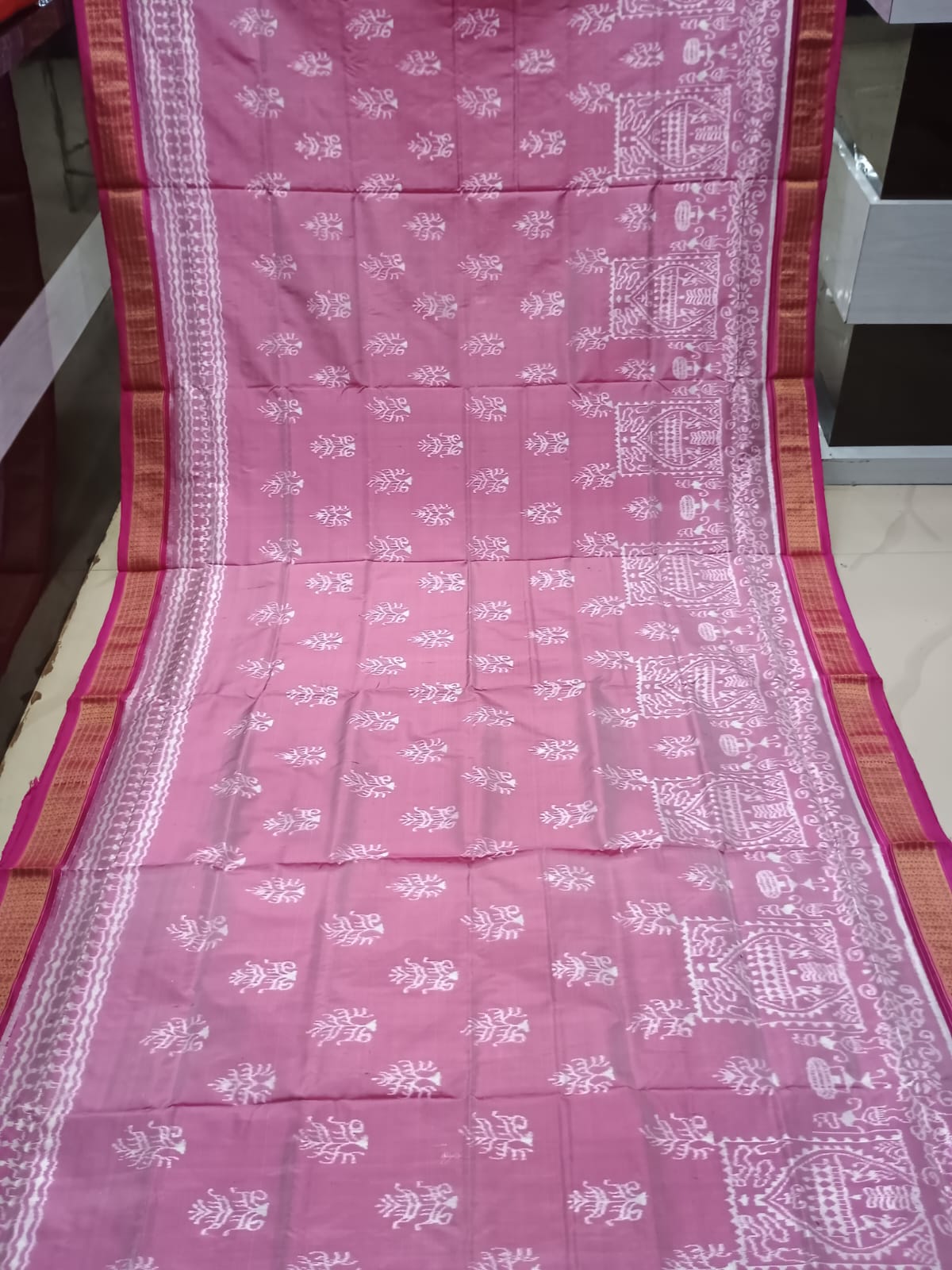 Peach Magenta Tree Design Half Tissue Sambalpuri Silk Saree