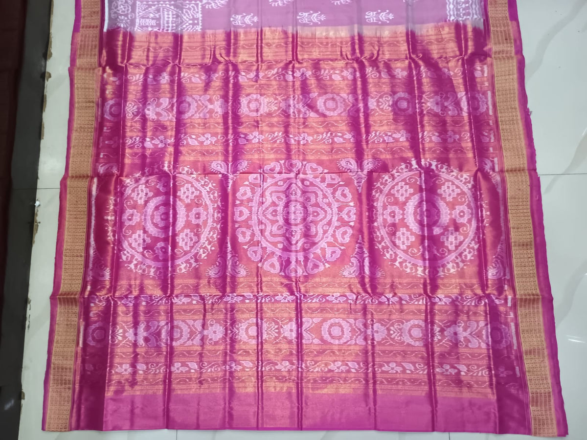 Peach Magenta Tree Design Half Tissue Sambalpuri Silk Saree