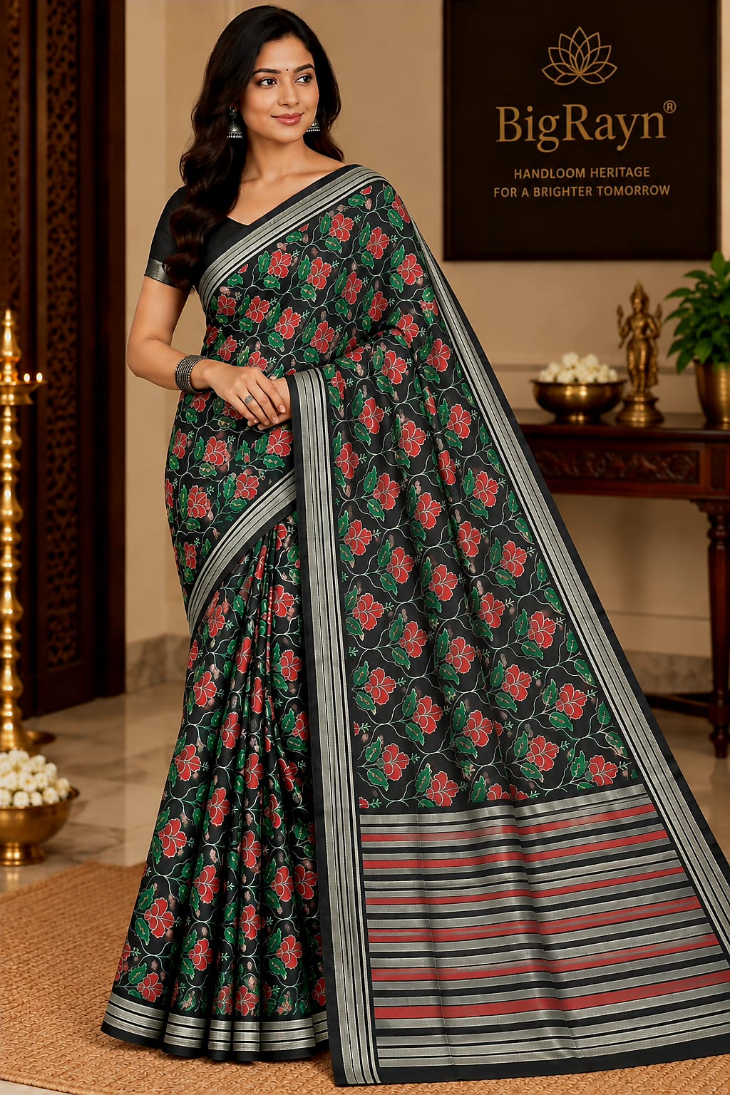 Black Hibiscus Design Sambalpuri Silk Saree