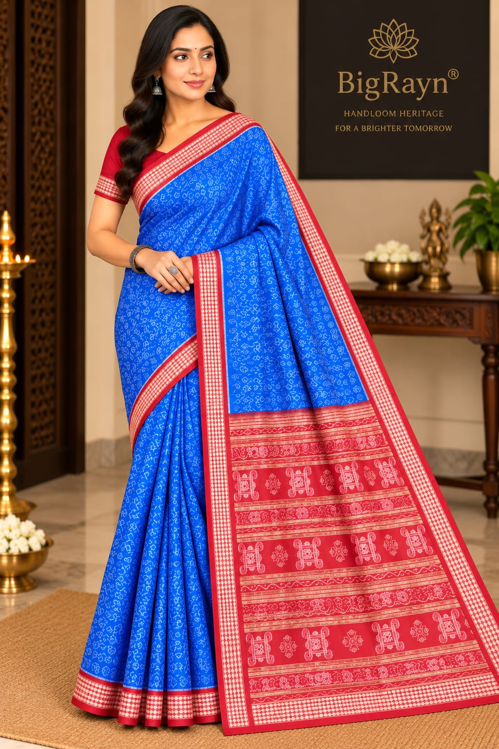 Blue Maroon Flower & Mini Pasapali Design Sambalpuri Silk Saree
