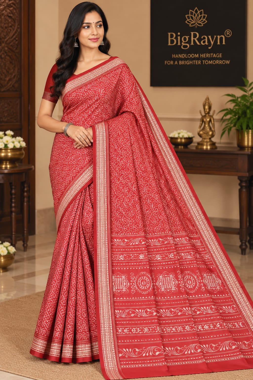 Vermilion Red & Ivory Handwoven Sambalpuri Silk Saree with All-Over Conch Shell Patterns and Jhoti Pallu