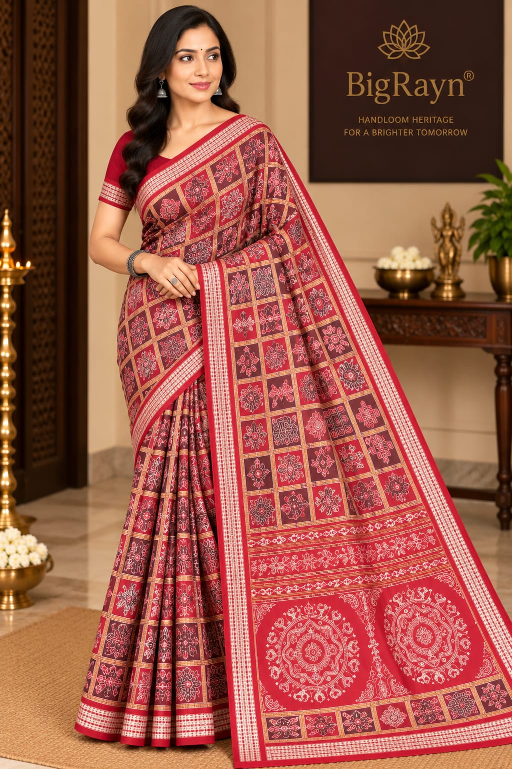 Coffee Red Nabakothi Design Sambalpuri Silk Saree