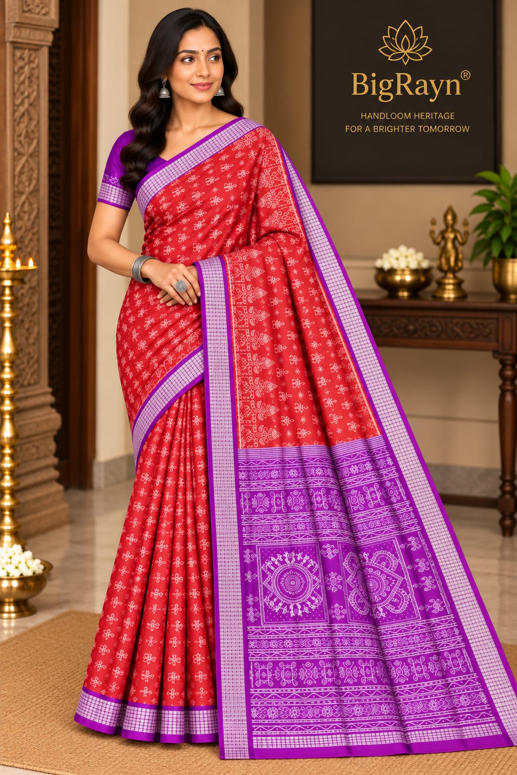 Red Purple Tree Design Sambalpuri Silk Saree