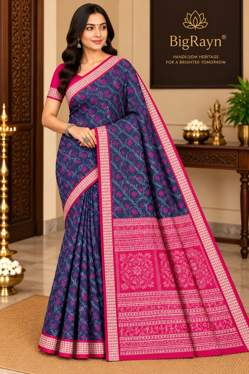 Navy Blue Magenta Lata Design Sambalpuri Silk Saree