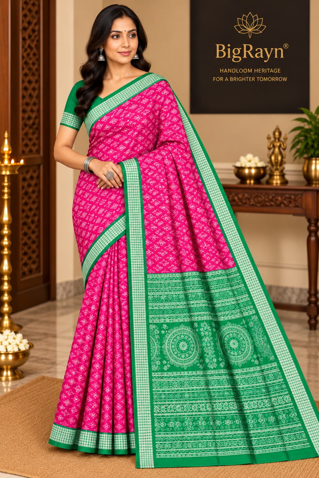 Rani Pink Green Tribal Design Sambalpuri Silk Saree