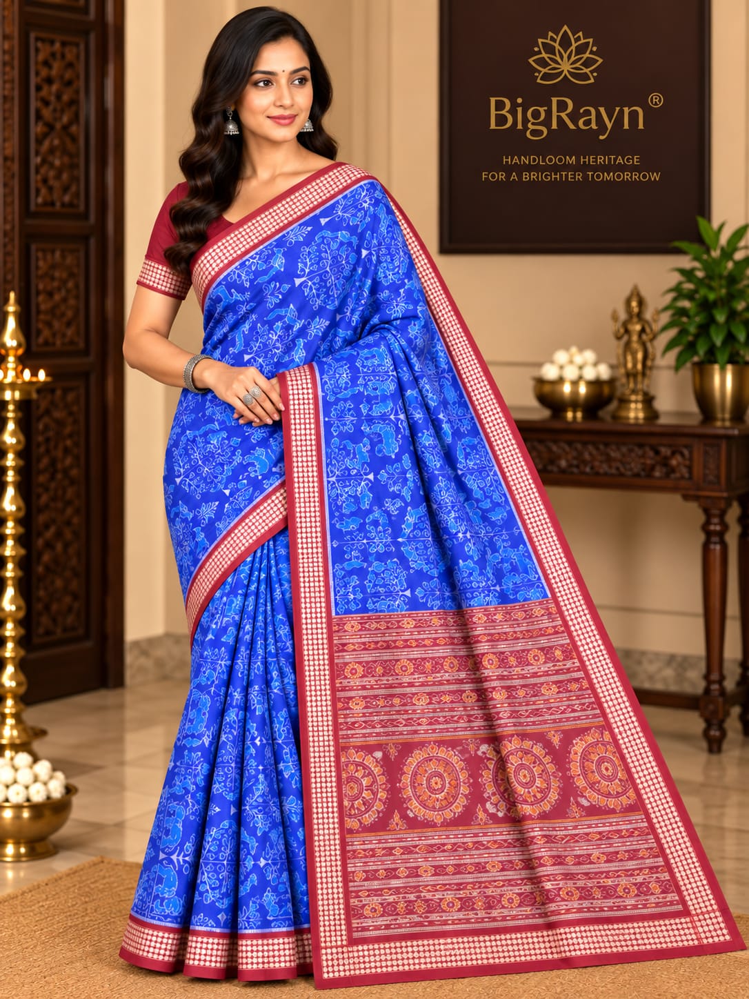Blue Maroon Animal And Tree Design Sambalpuri Silk Saree