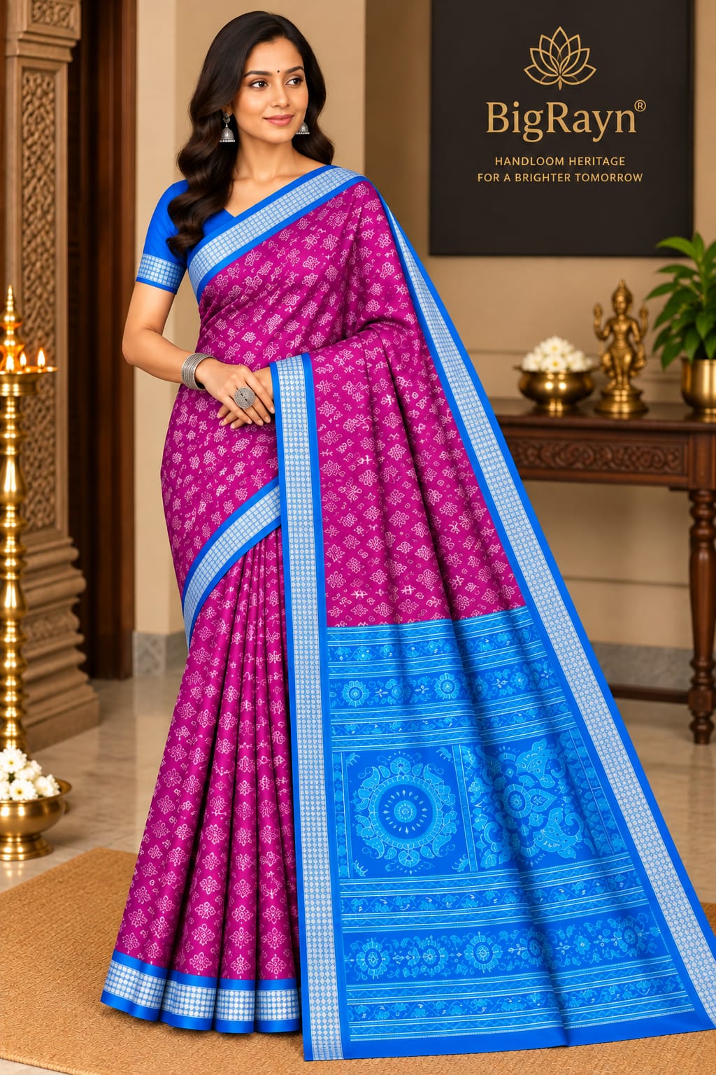 Purple Copper Sulphate Tribal & Flower Design Sambalpuri Silk Saree