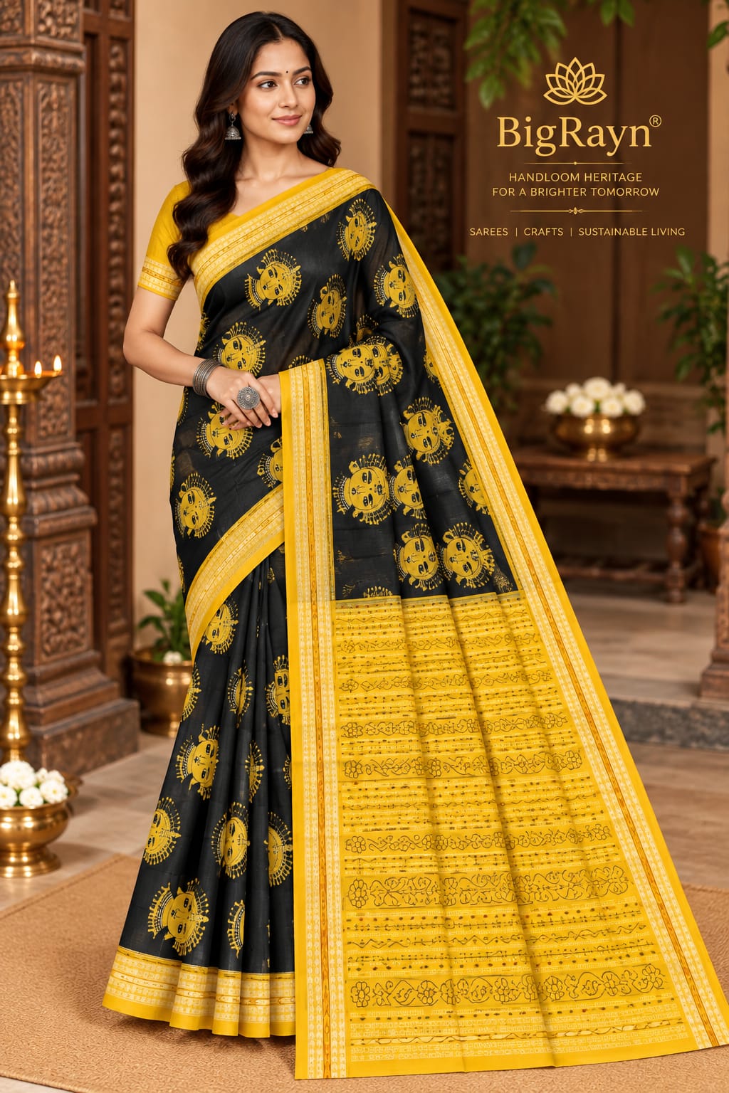 Black Yellow Odishi face Design Sambalpuri Silk Saree