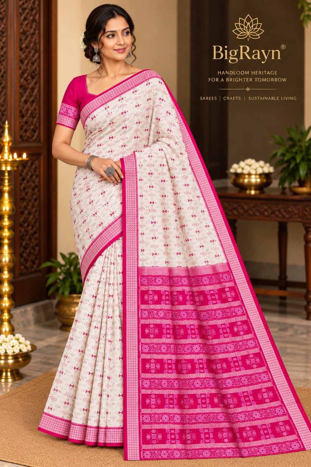 White Magenta Mini Flower Design Sambalpuri Silk Saree