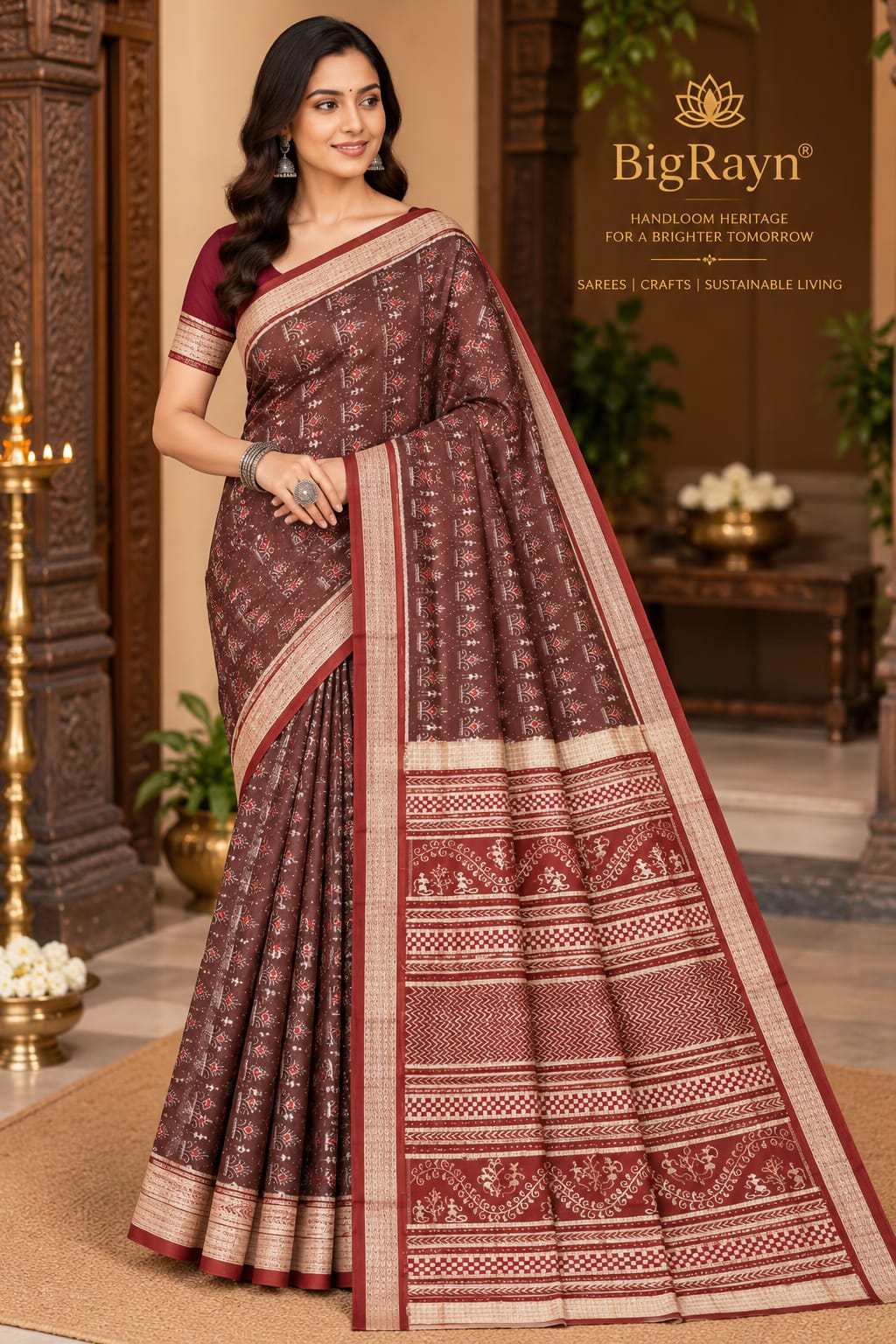 Coffee Maroon Tribal & Flower Design Sambalpuri Silk Saree