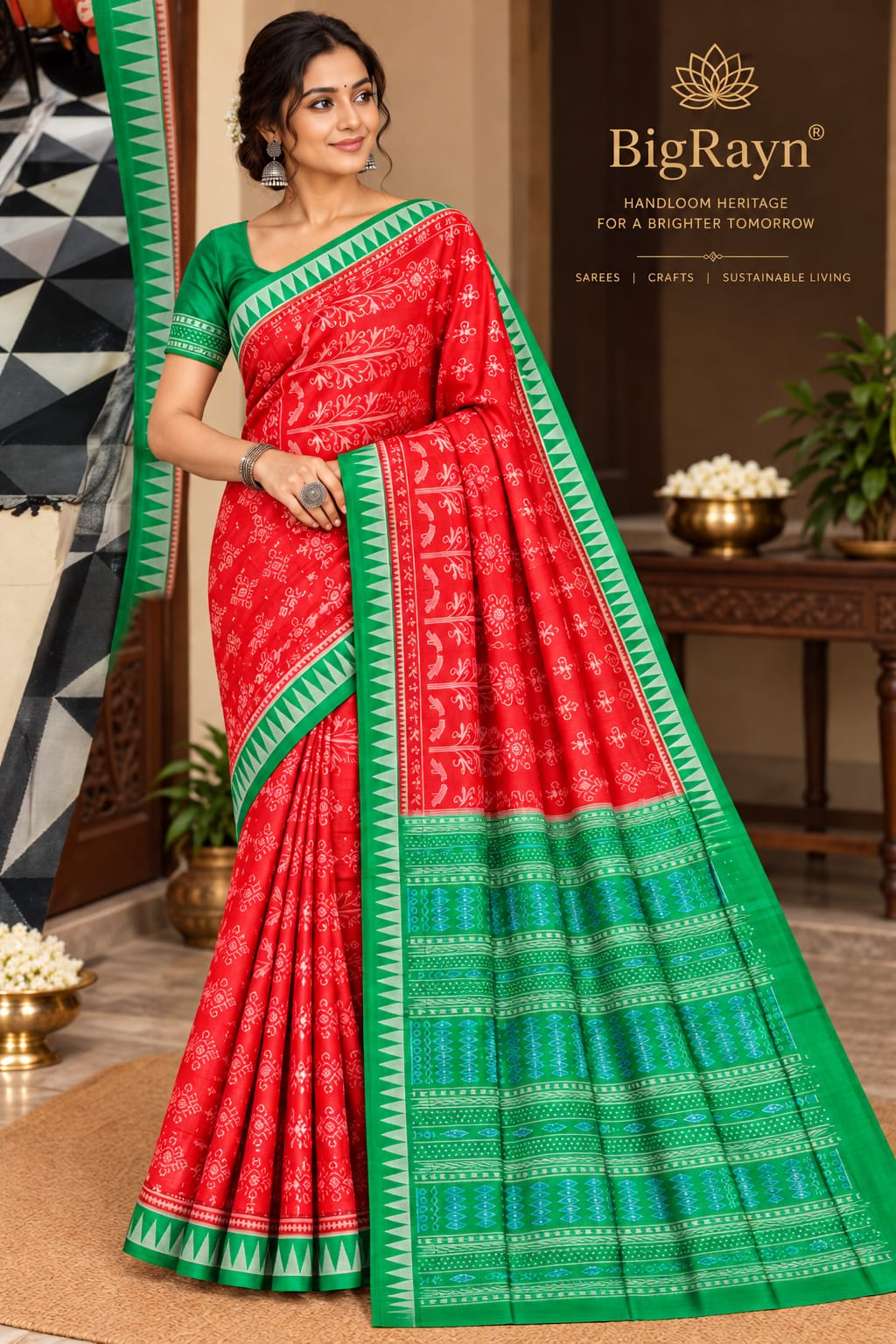 Red Green Tree & Tribal Design Sambalpuri Silk Saree