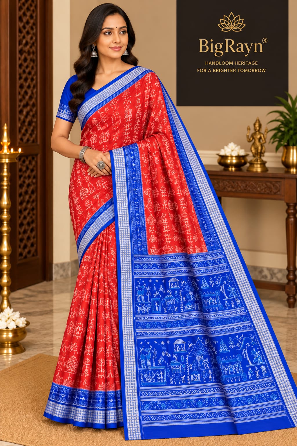 Red Blue Tribal & Tree Design Sambalpuri Silk Saree