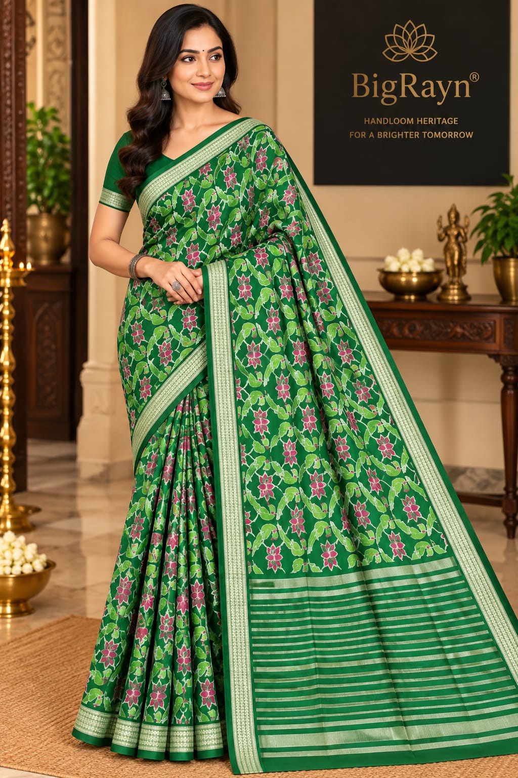 Green Dual Parrot & Lotus Design Sambalpuri Silk Saree