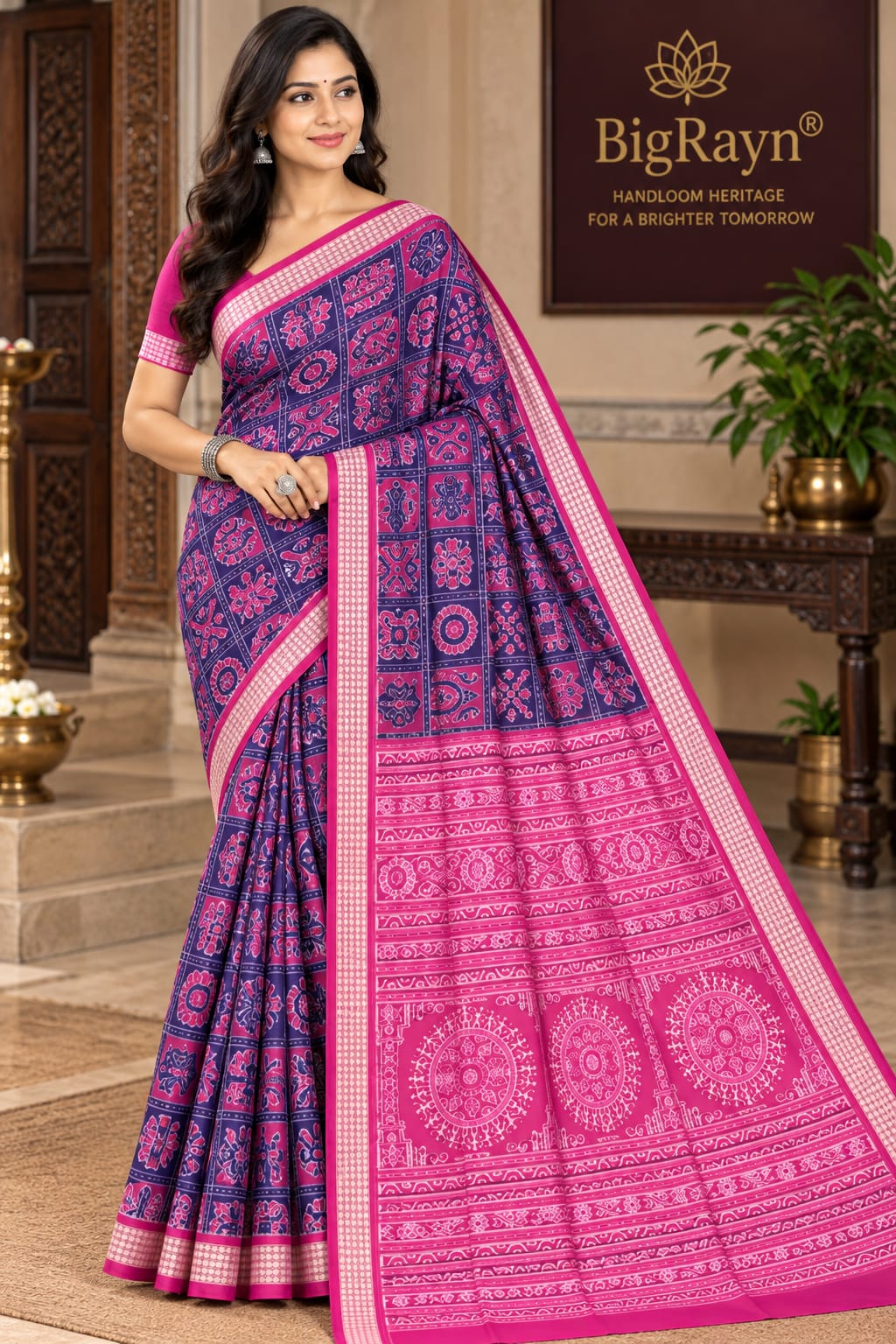 Navy Blue Magenta Nabakothi Design Sambalpuri Silk Saree