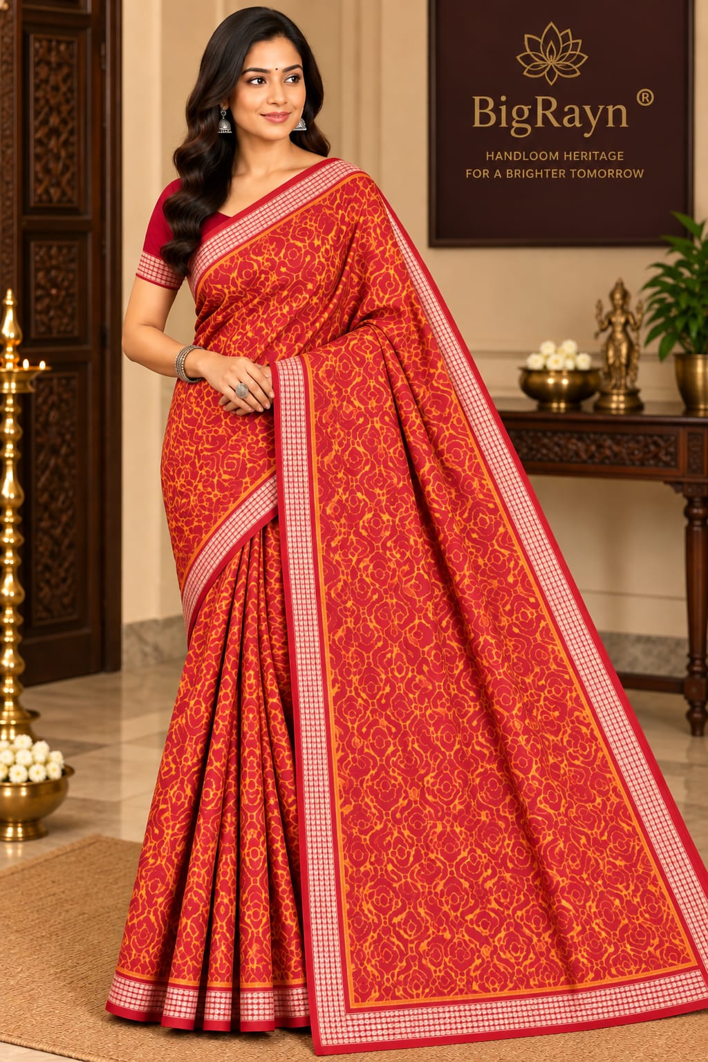 Red Yellow Flower Design Sambalpuri Silk Saree