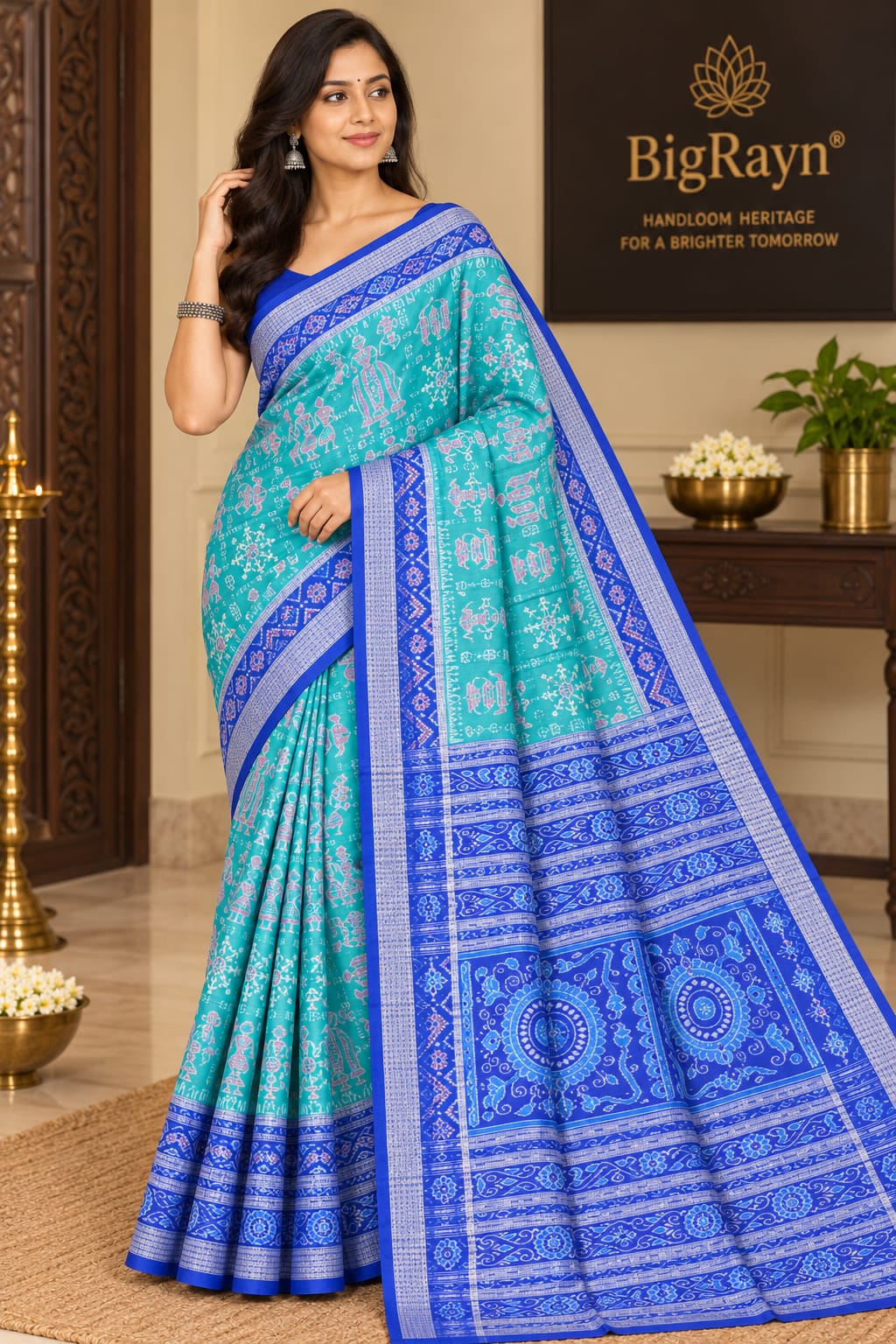 Sea Green & Royal Blue Handwoven Sambalpuri Silk Saree with Tribal Dancing Figures and Mandala Pallu