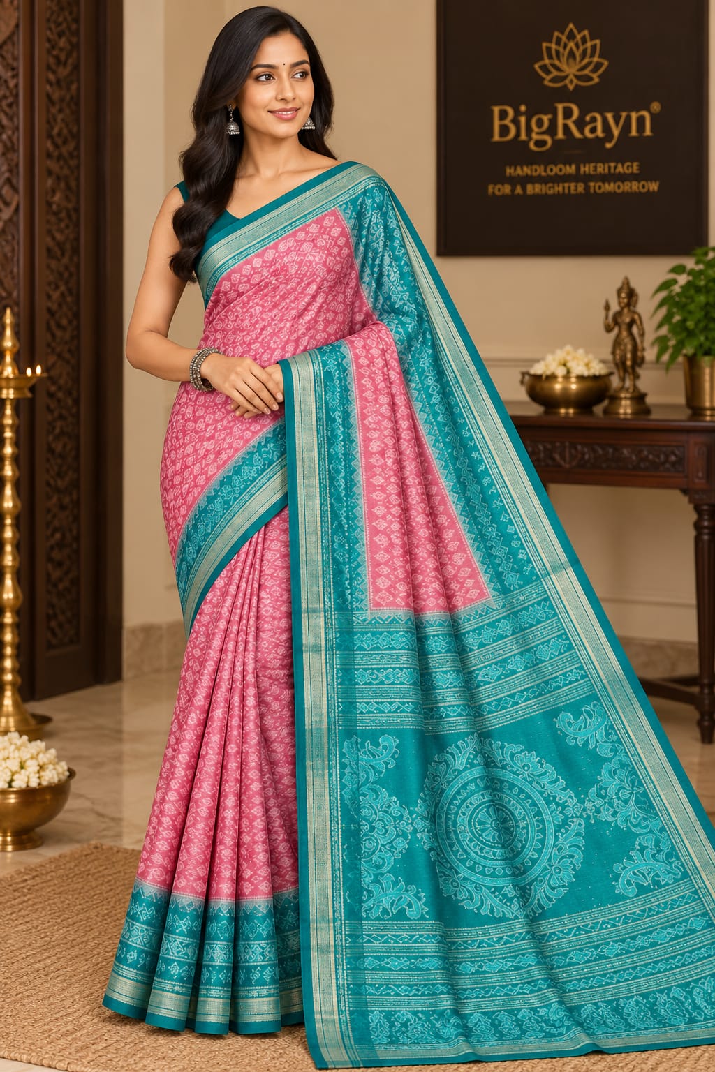 Peach Rama Green Flower Design Sambalpuri Silk Saree