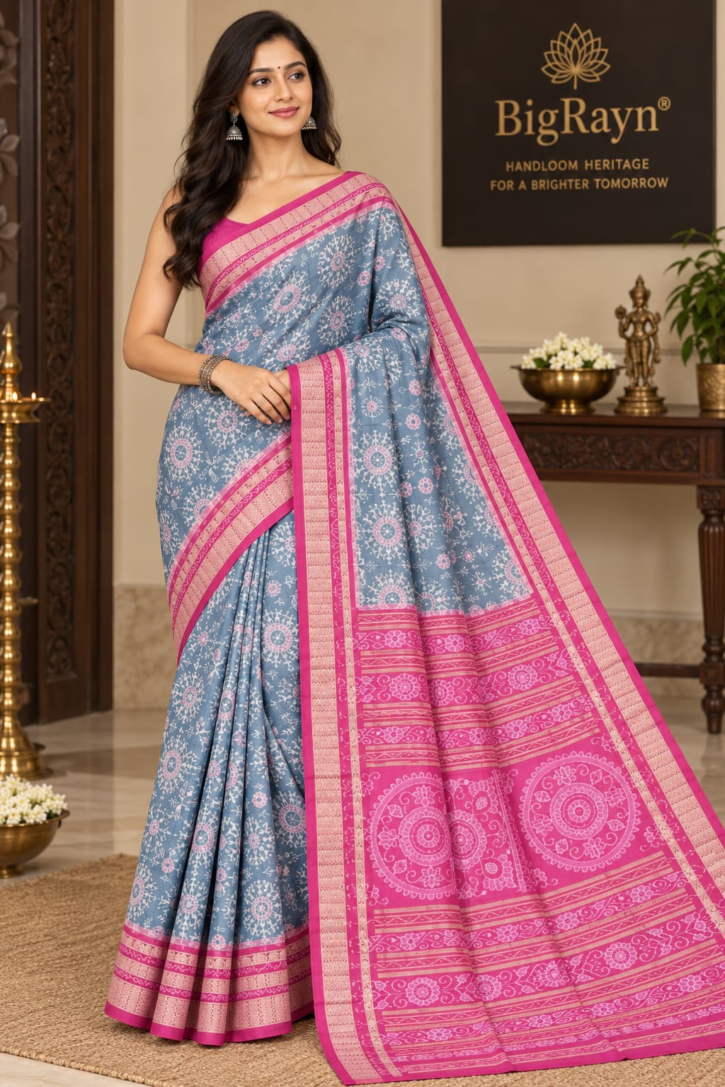 Slate Grey & Magenta Pink Handwoven Sambalpuri Silk Saree with Geometric Blooms and Jhoti Pallu