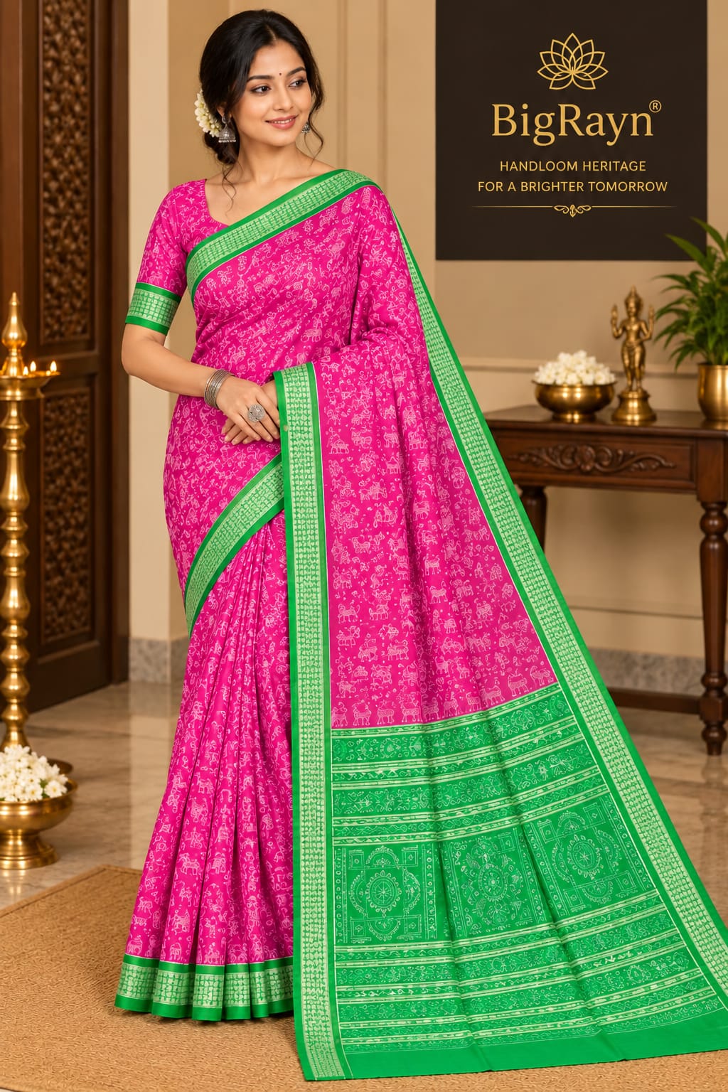 Rani Pink Green Jungle Design Sambalpuri Silk Saree