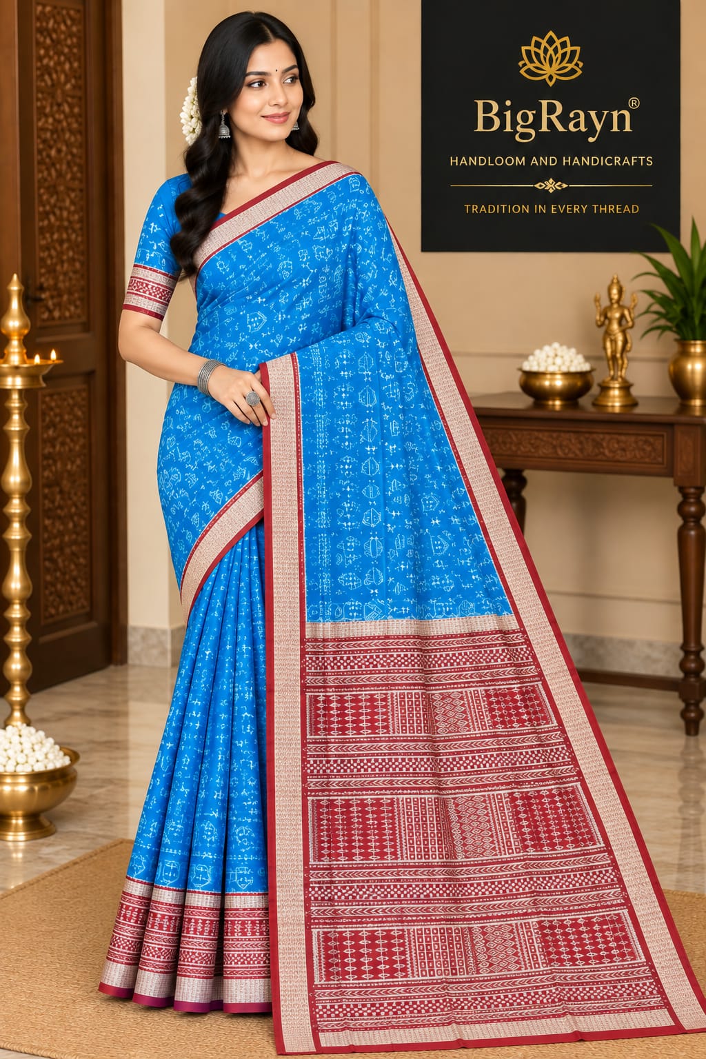Deep Sky Coffee Tribal & House Design Sambalpuri Silk Saree