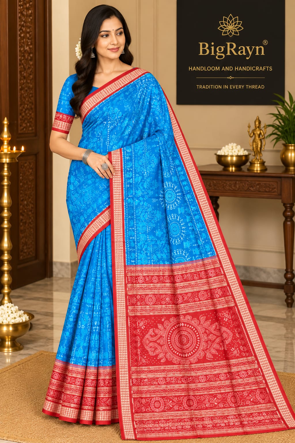 Copper Sulphate Red Round Tribal & Tree Scot Elephant Design Sambalpuri Silk Saree