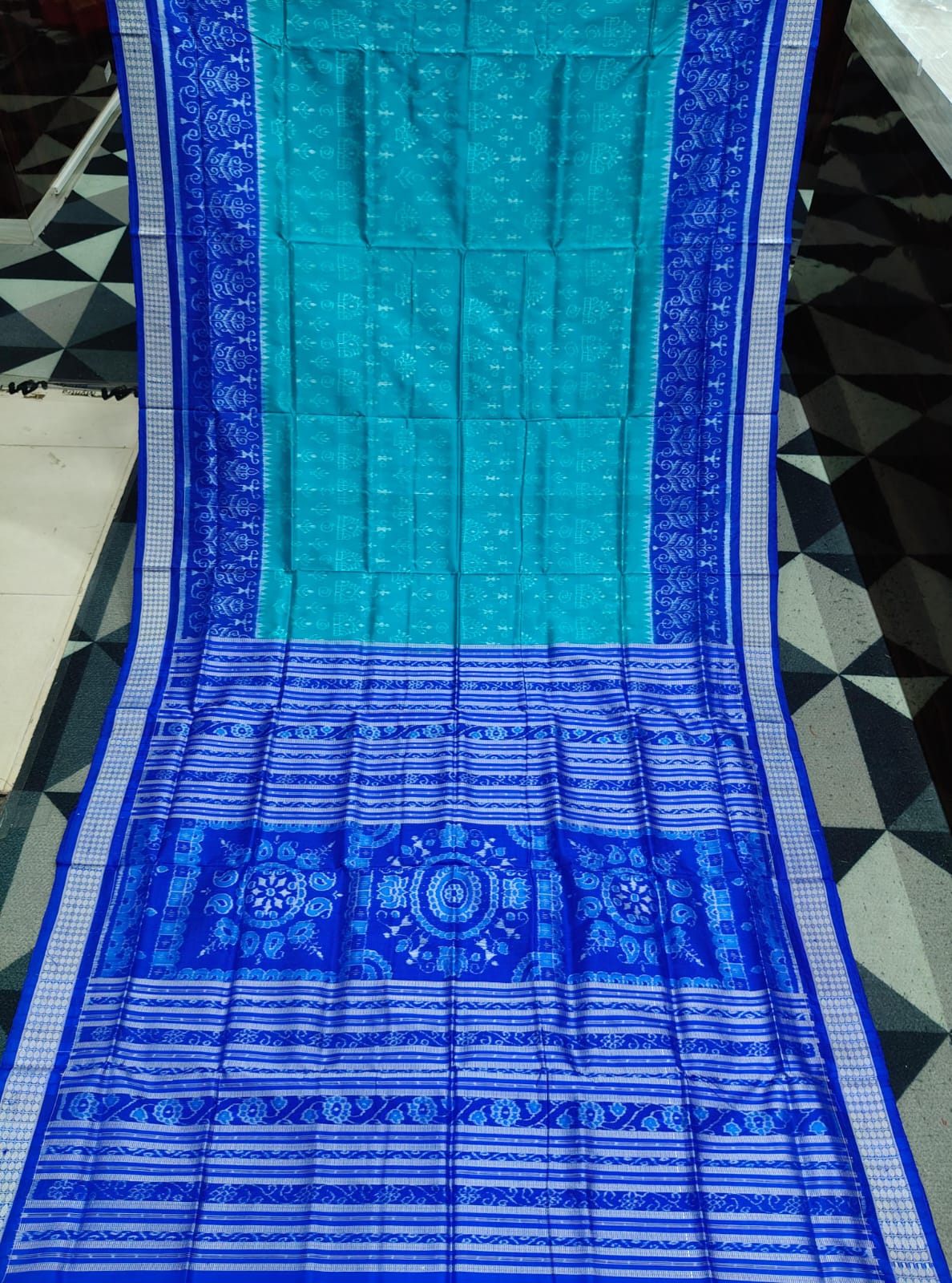 Sea Green Blue Tribal And Tree Design Sambalpuri Silk Saree