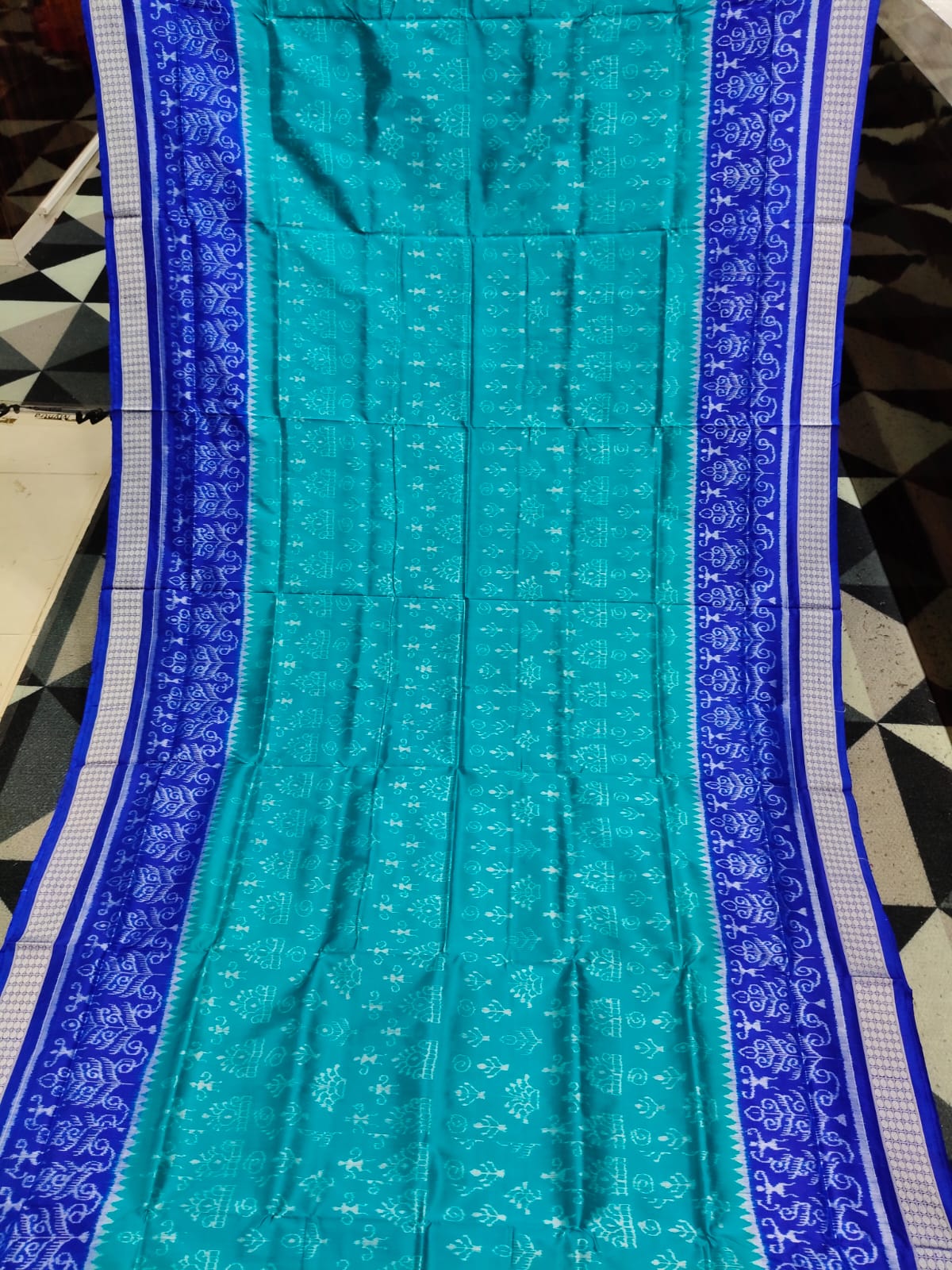 Sea Green Blue Tribal And Tree Design Sambalpuri Silk Saree