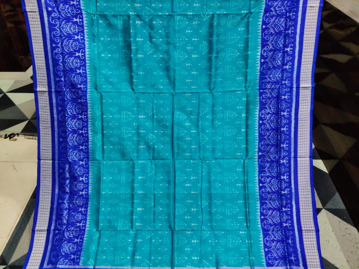 Sea Green Blue Tribal And Tree Design Sambalpuri Silk Saree