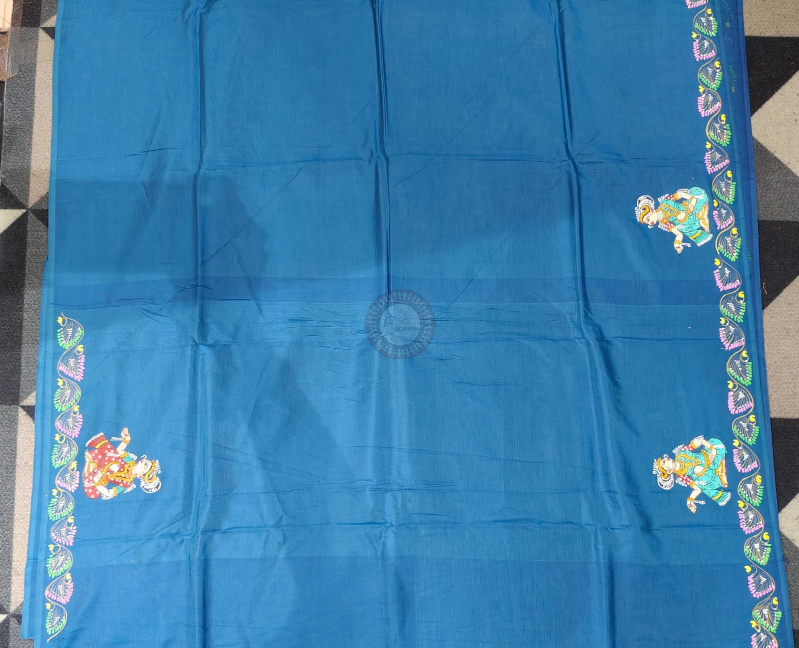Teal Blue Raja Doli Theme Pattachitra Khadi Silk Saree