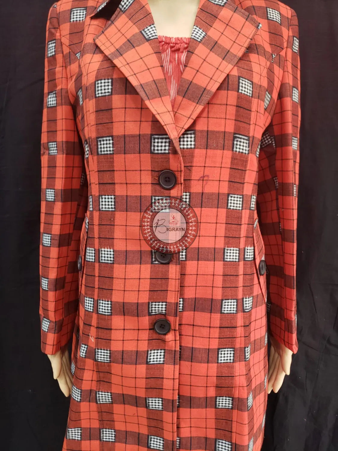 Orange Black Big Checks Women’s Blazer