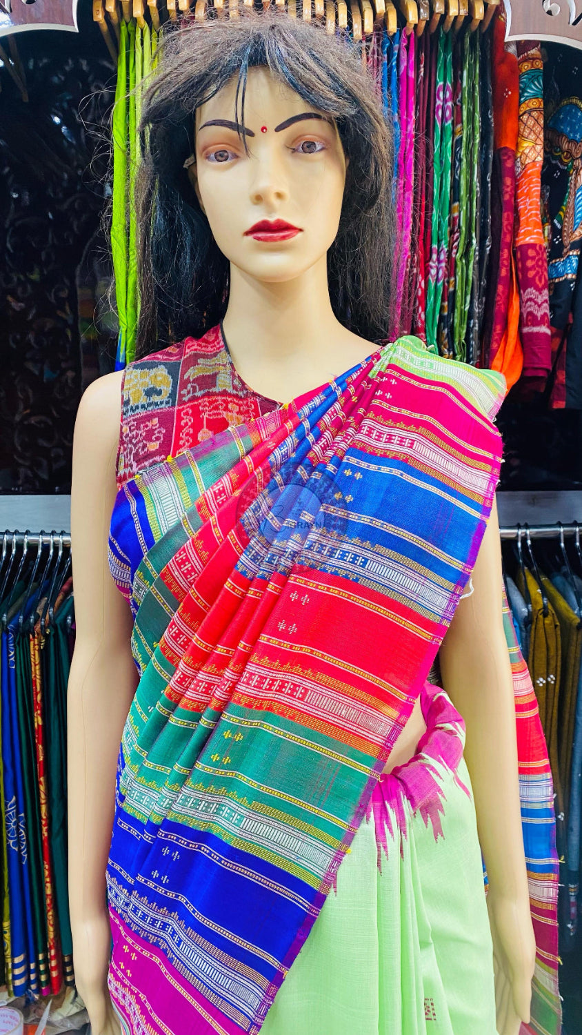 Pista Green Multicolour Border Double Anchal Berhampuri Silk Saree