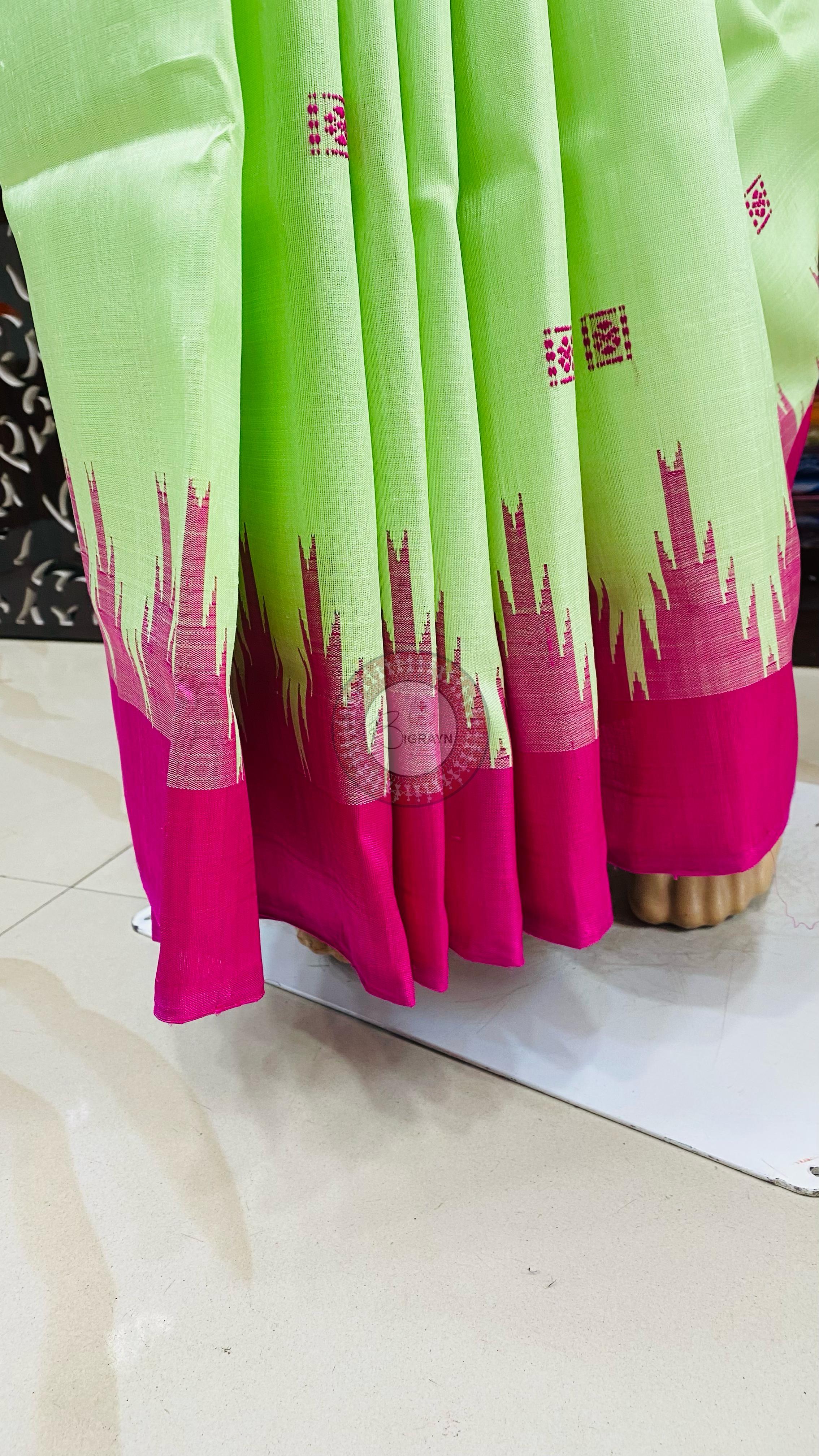 Pista Green Multicolour Border Double Anchal Berhampuri Silk Saree