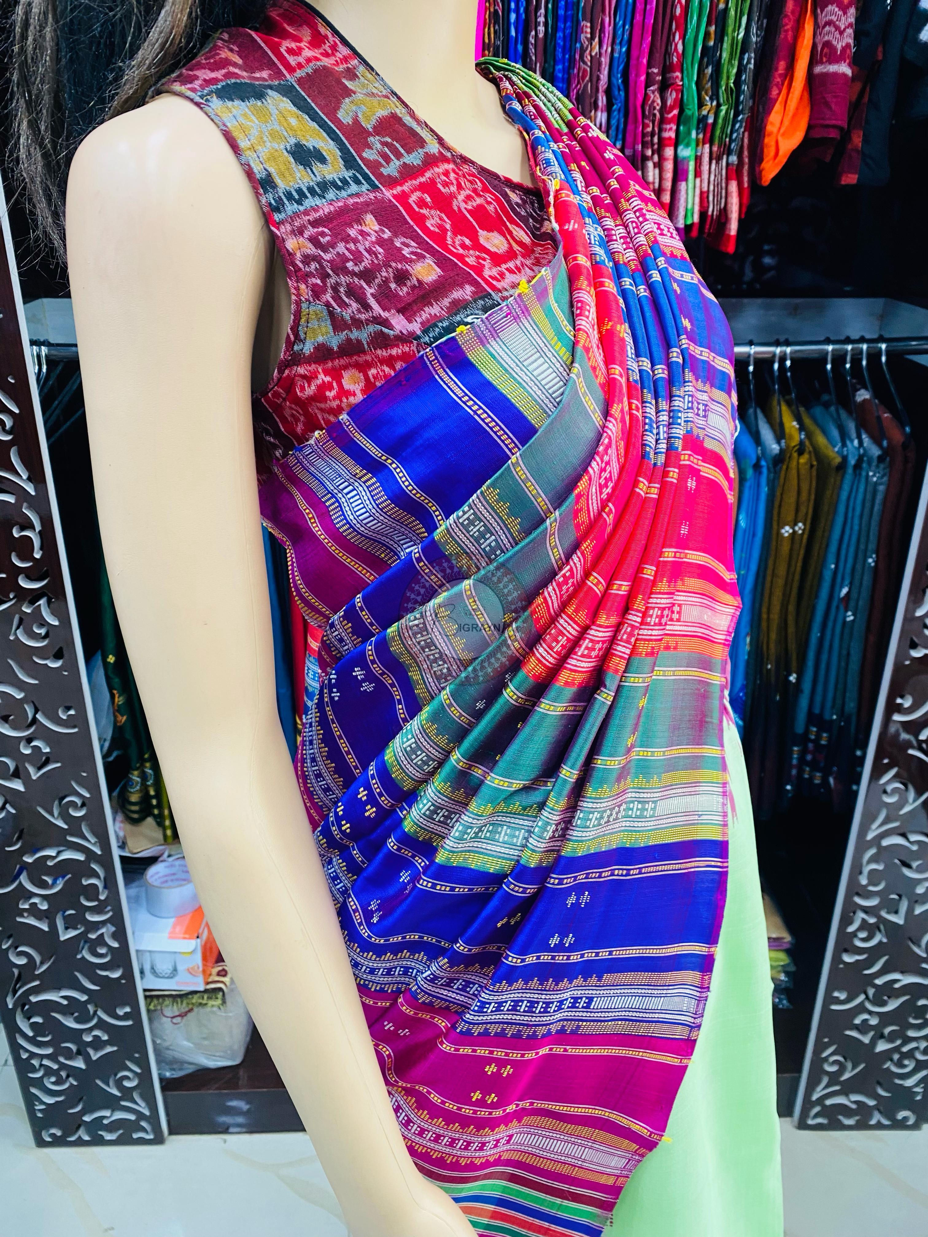 Pista Green Multicolour Border Double Anchal Berhampuri Silk Saree