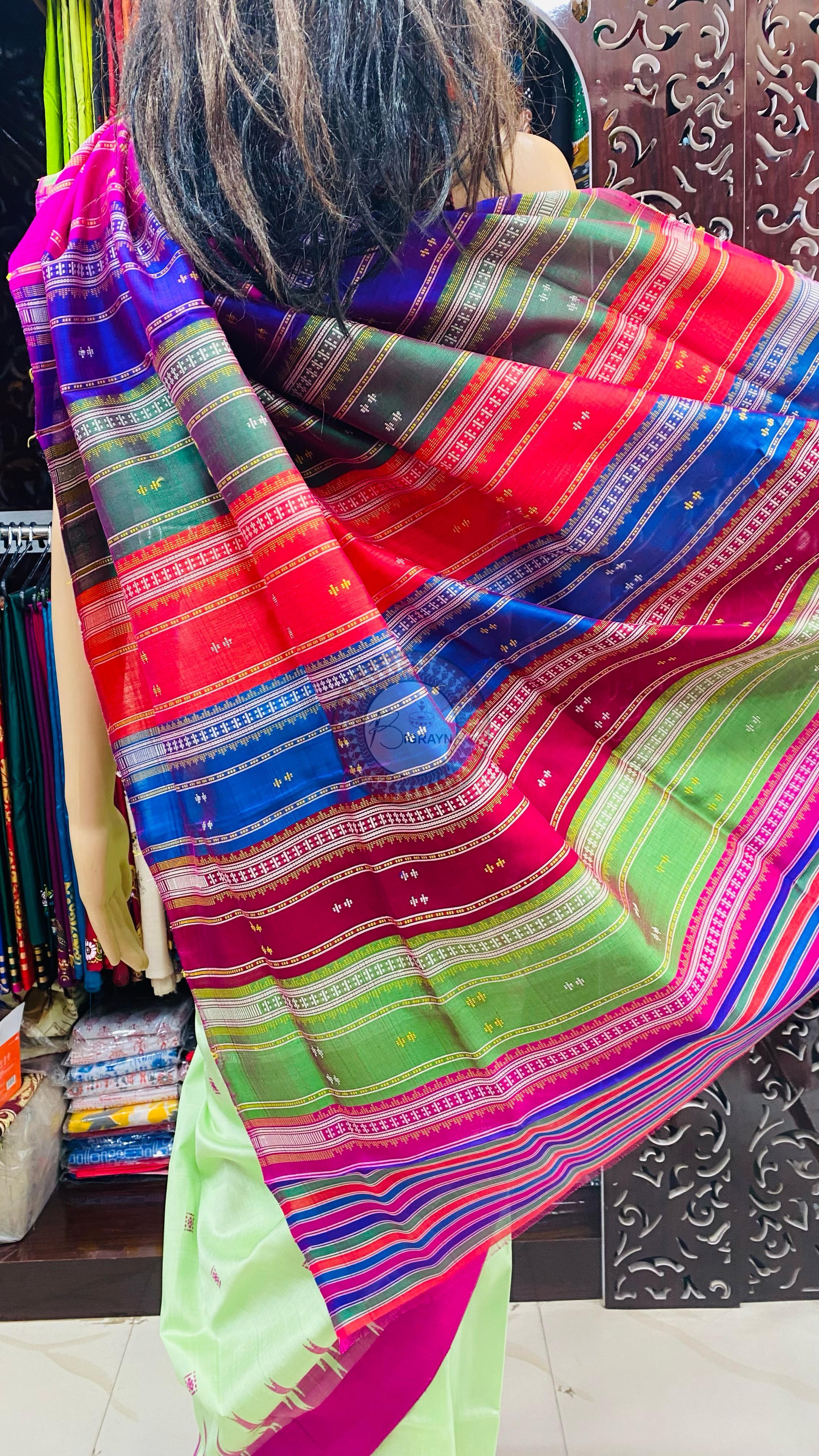 Pista Green Multicolour Border Double Anchal Berhampuri Silk Saree