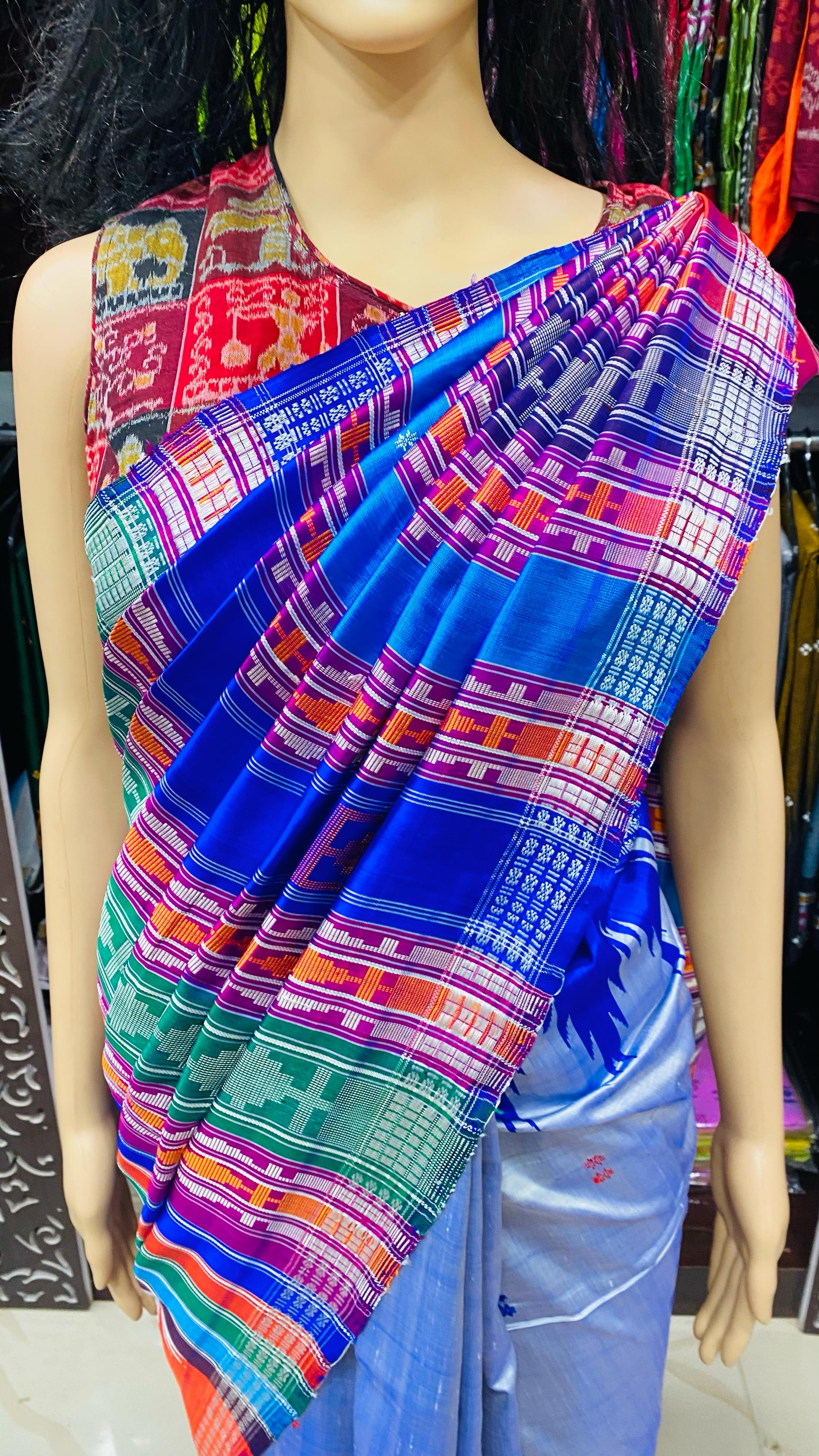 Purplish Blue Yellow Double Anchal Berhampuri Silk Saree
