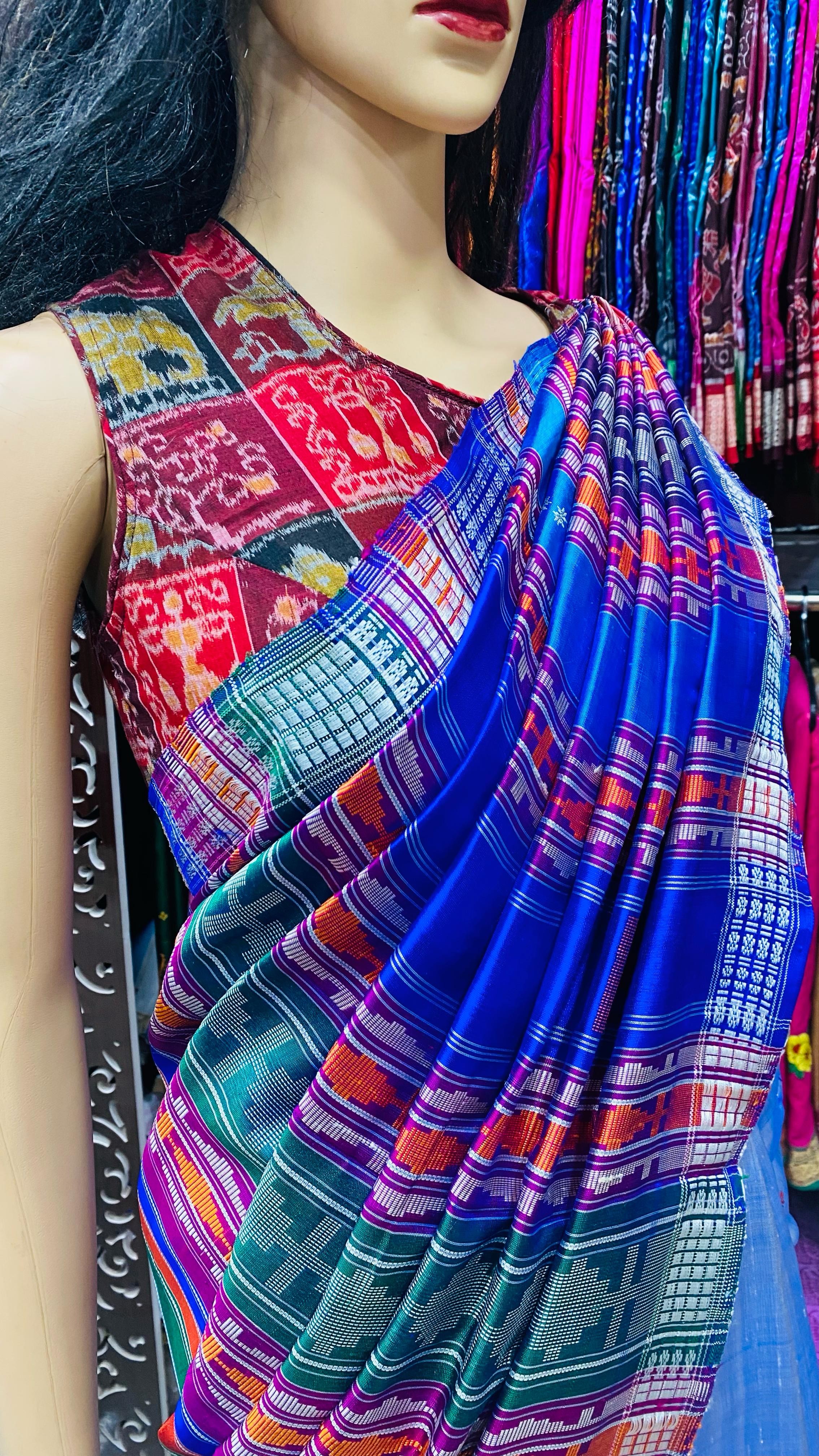 Purplish Blue Yellow Double Anchal Berhampuri Silk Saree