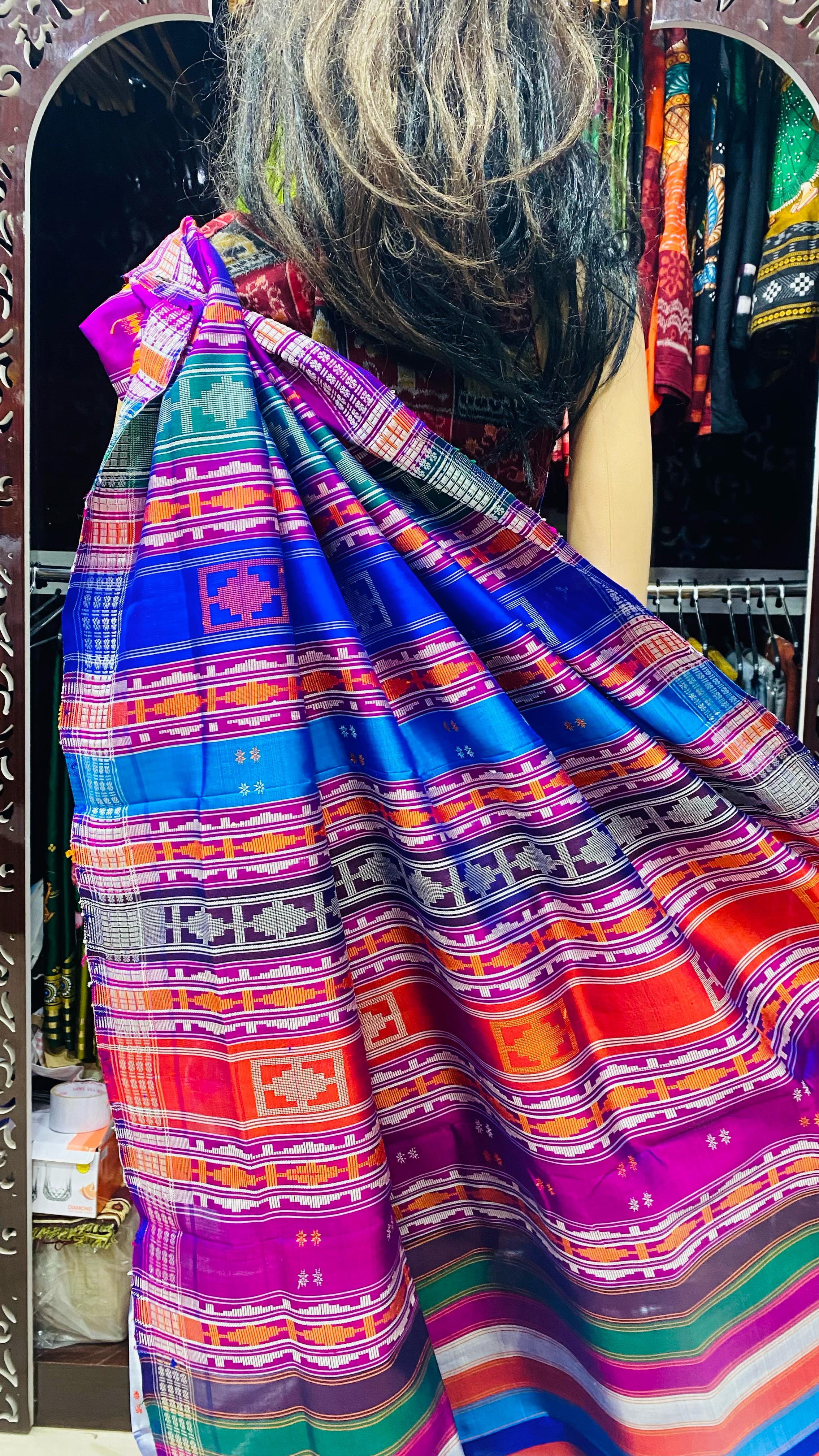Purplish Blue Yellow Double Anchal Berhampuri Silk Saree