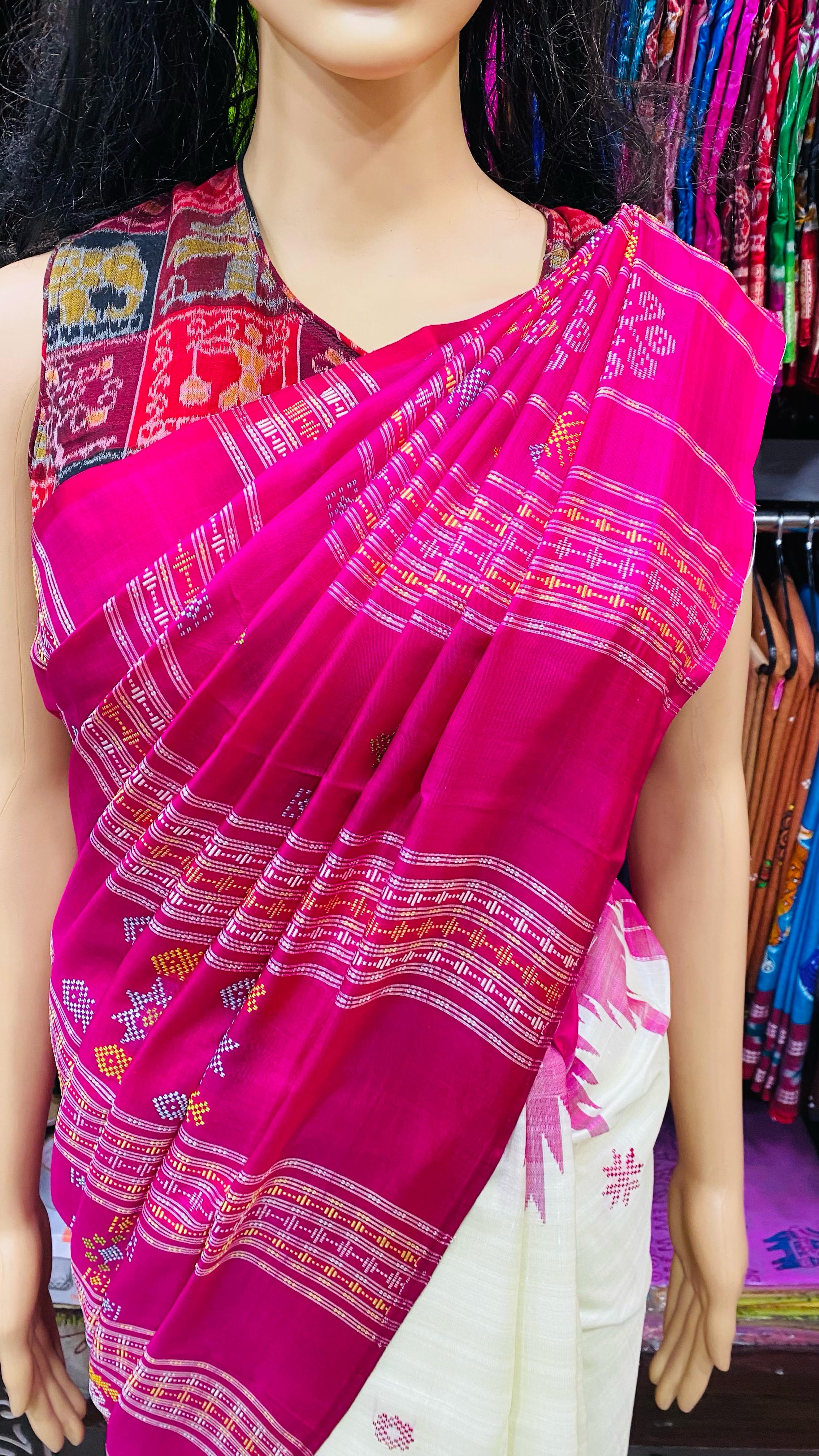 White Magenta Border Multicolour Anchal Berhampuri Silk Saree