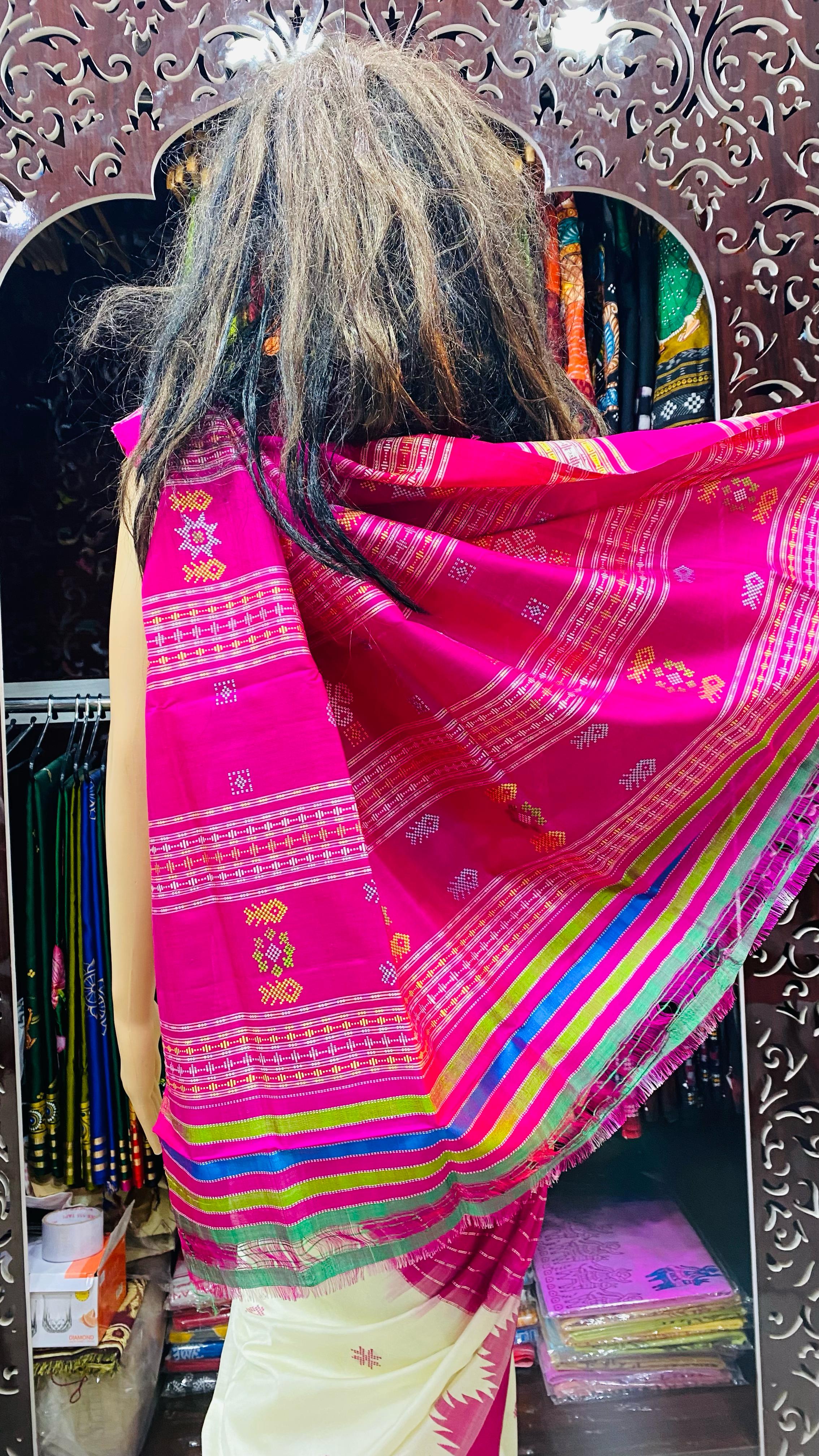 White Magenta Border Multicolour Anchal Berhampuri Silk Saree