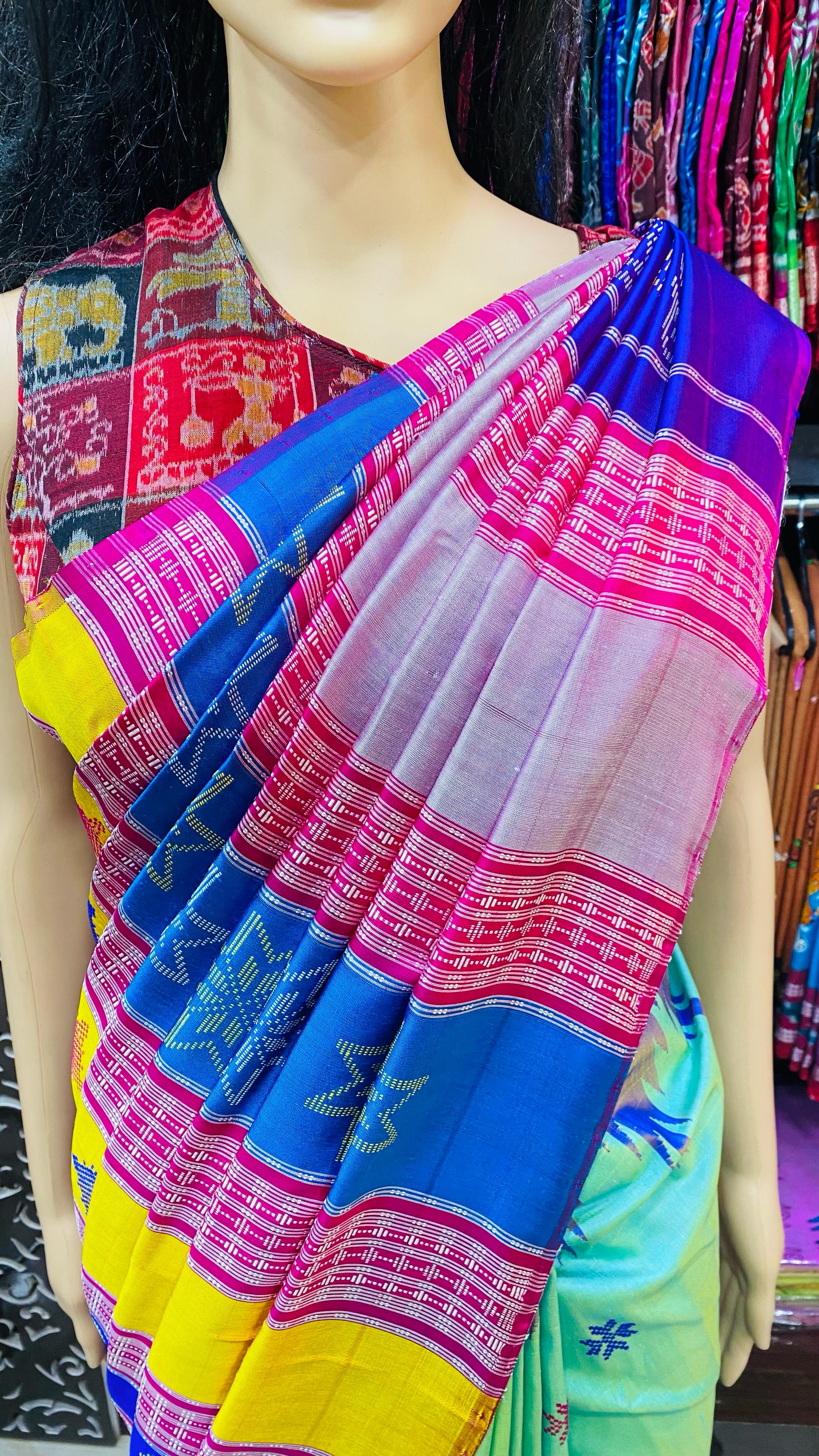 Aqua Blue Multi Colour Double Anchal Berhampuri Silk Saree