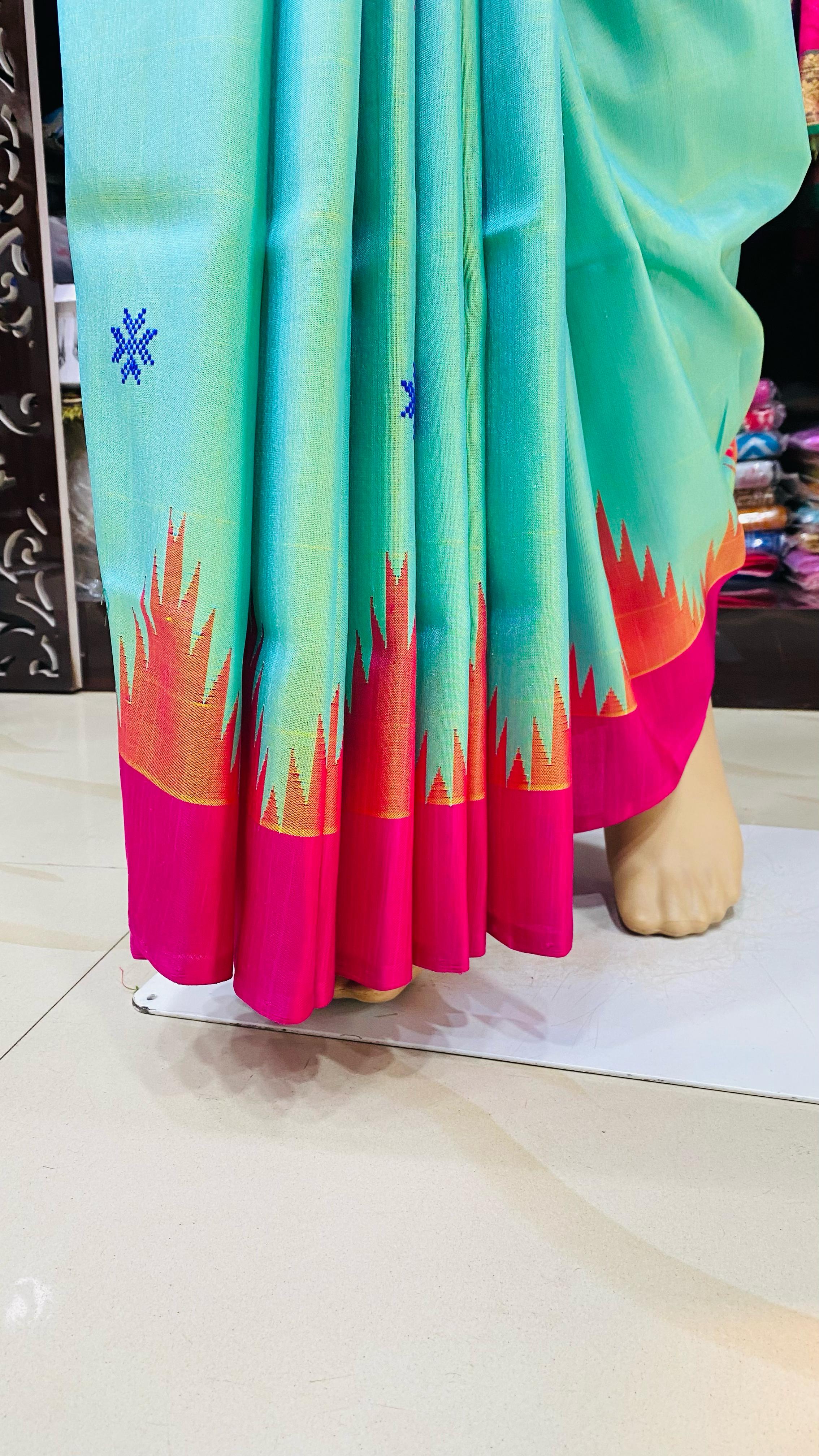 Aqua Blue Multi Colour Double Anchal Berhampuri Silk Saree