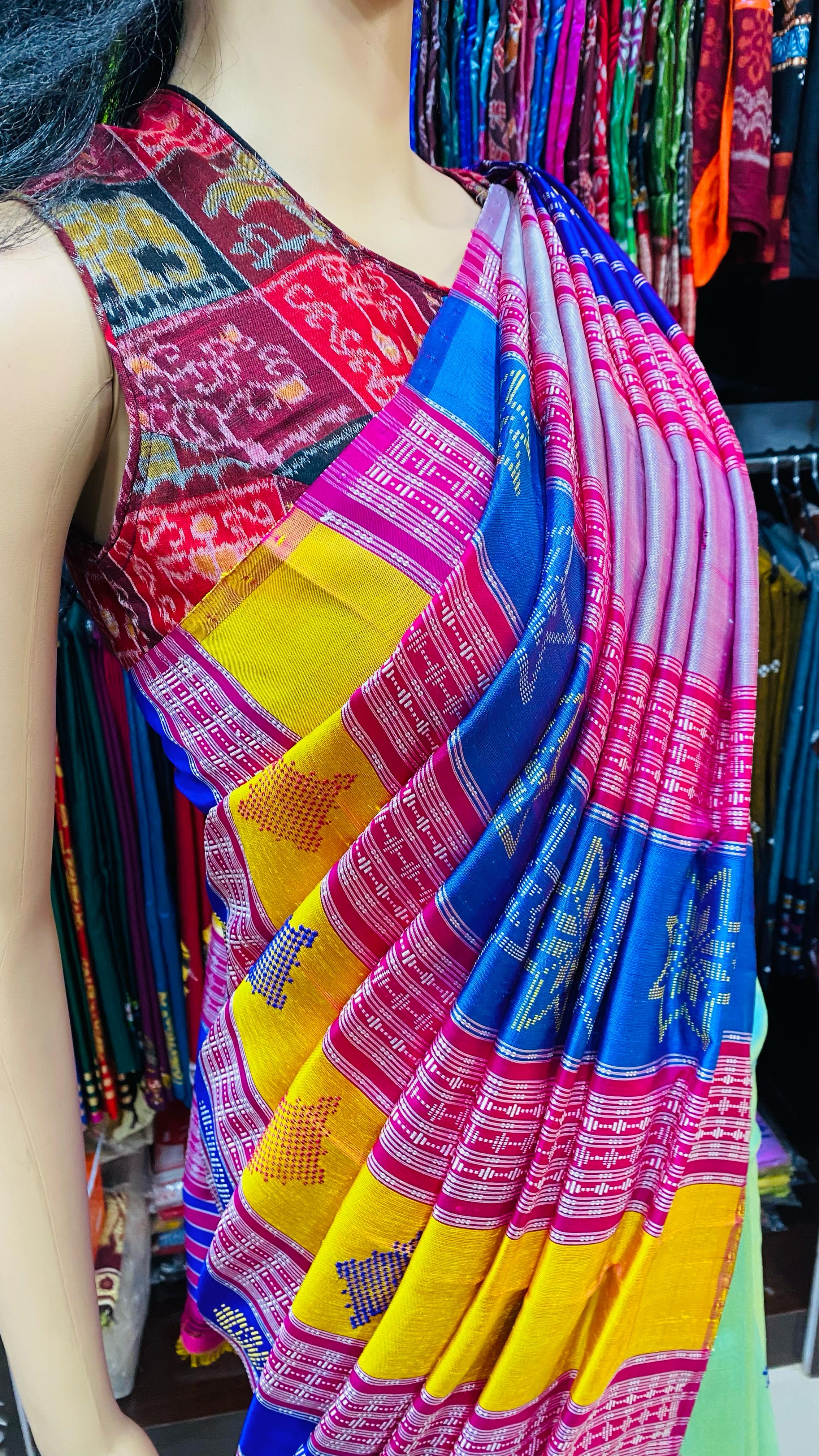Aqua Blue Multi Colour Double Anchal Berhampuri Silk Saree