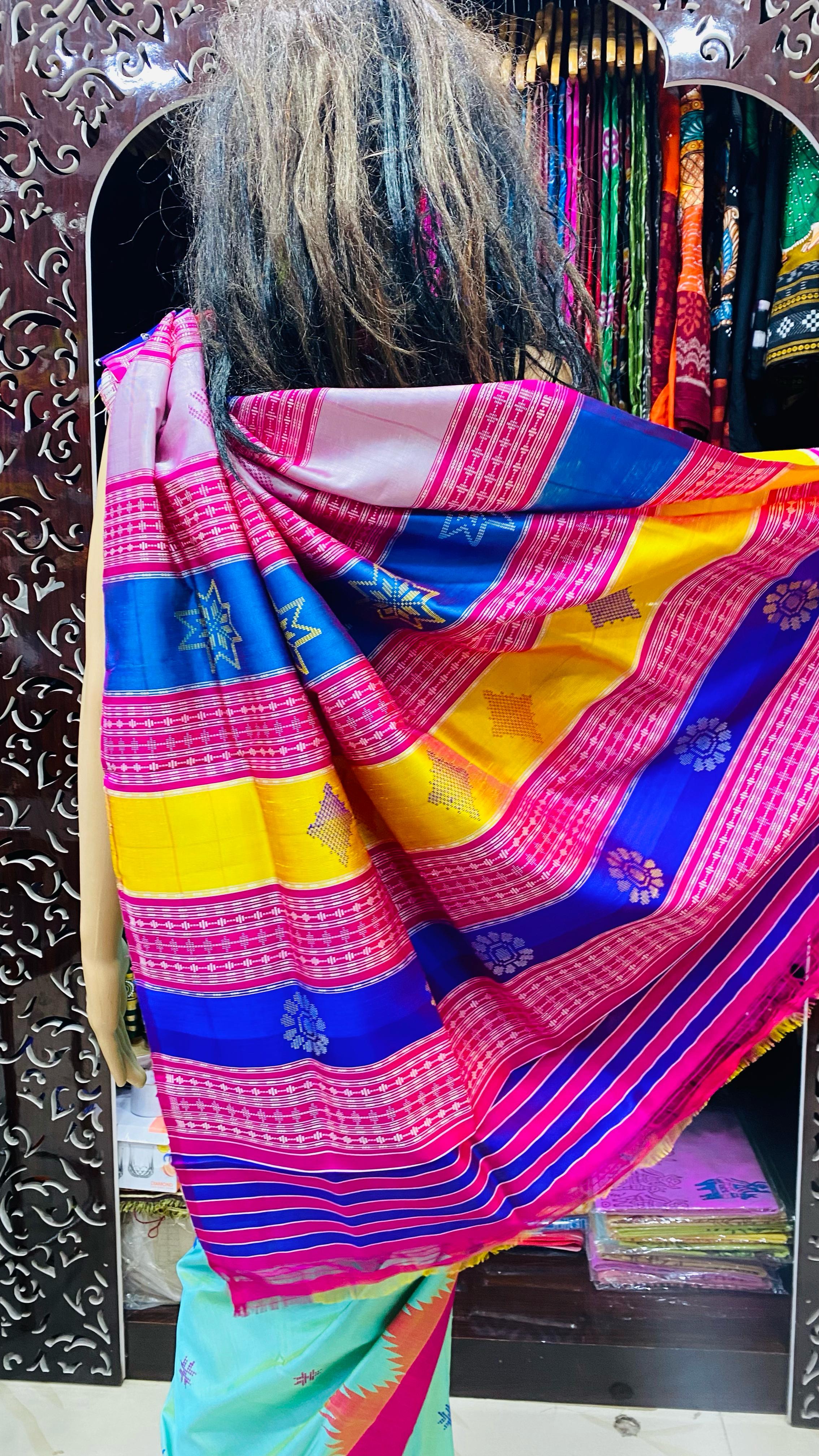 Aqua Blue Multi Colour Double Anchal Berhampuri Silk Saree