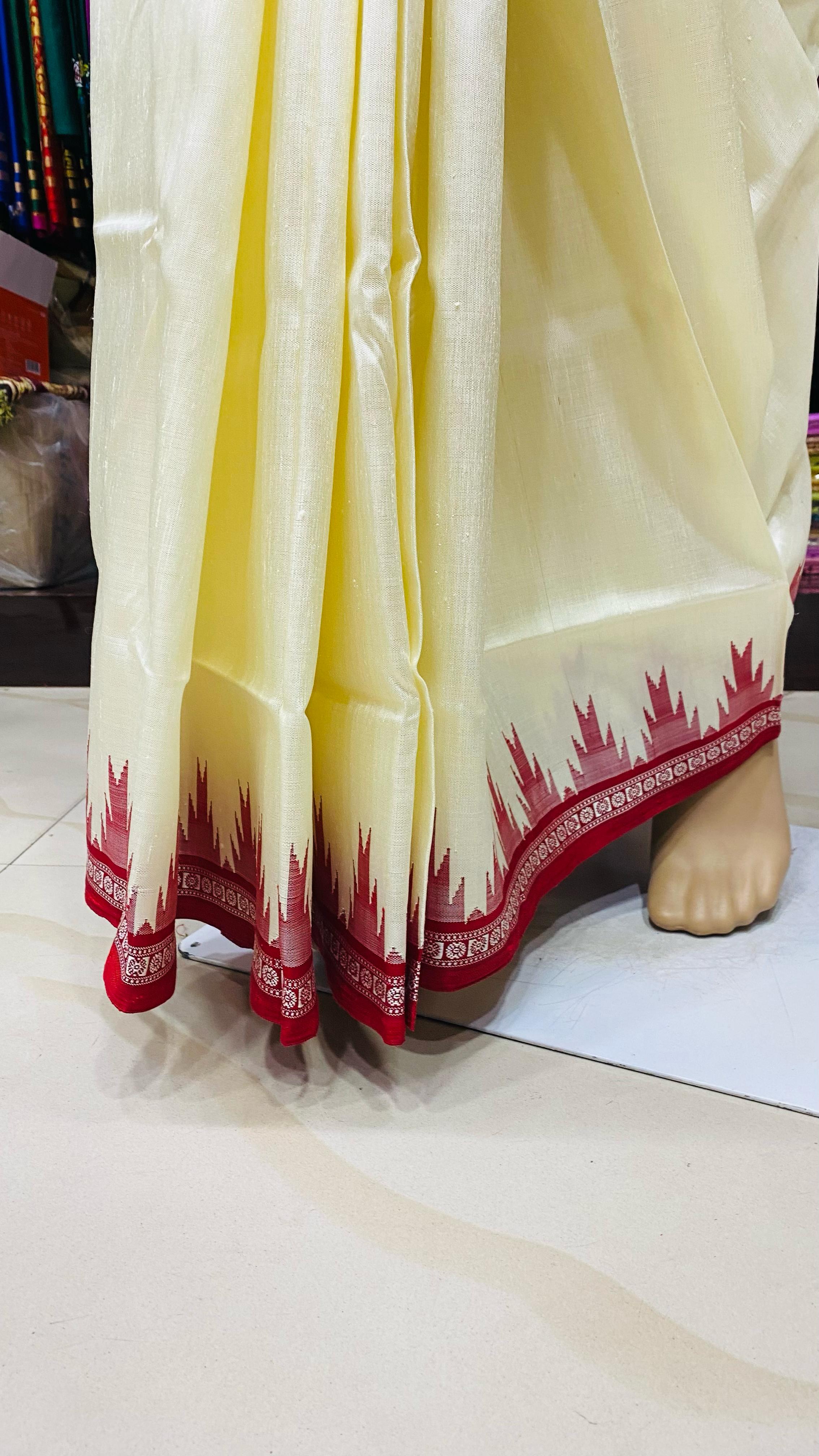 White Red Single Anchal Berhampuri Silk Saree