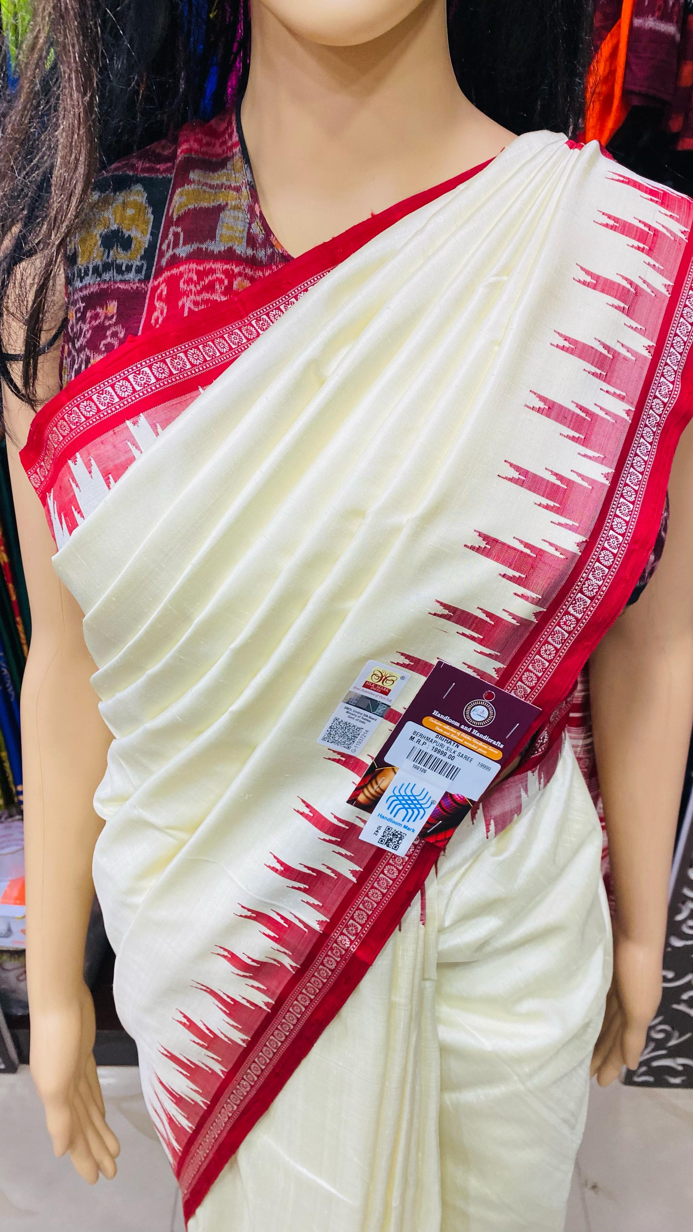 White Red Single Anchal Berhampuri Silk Saree
