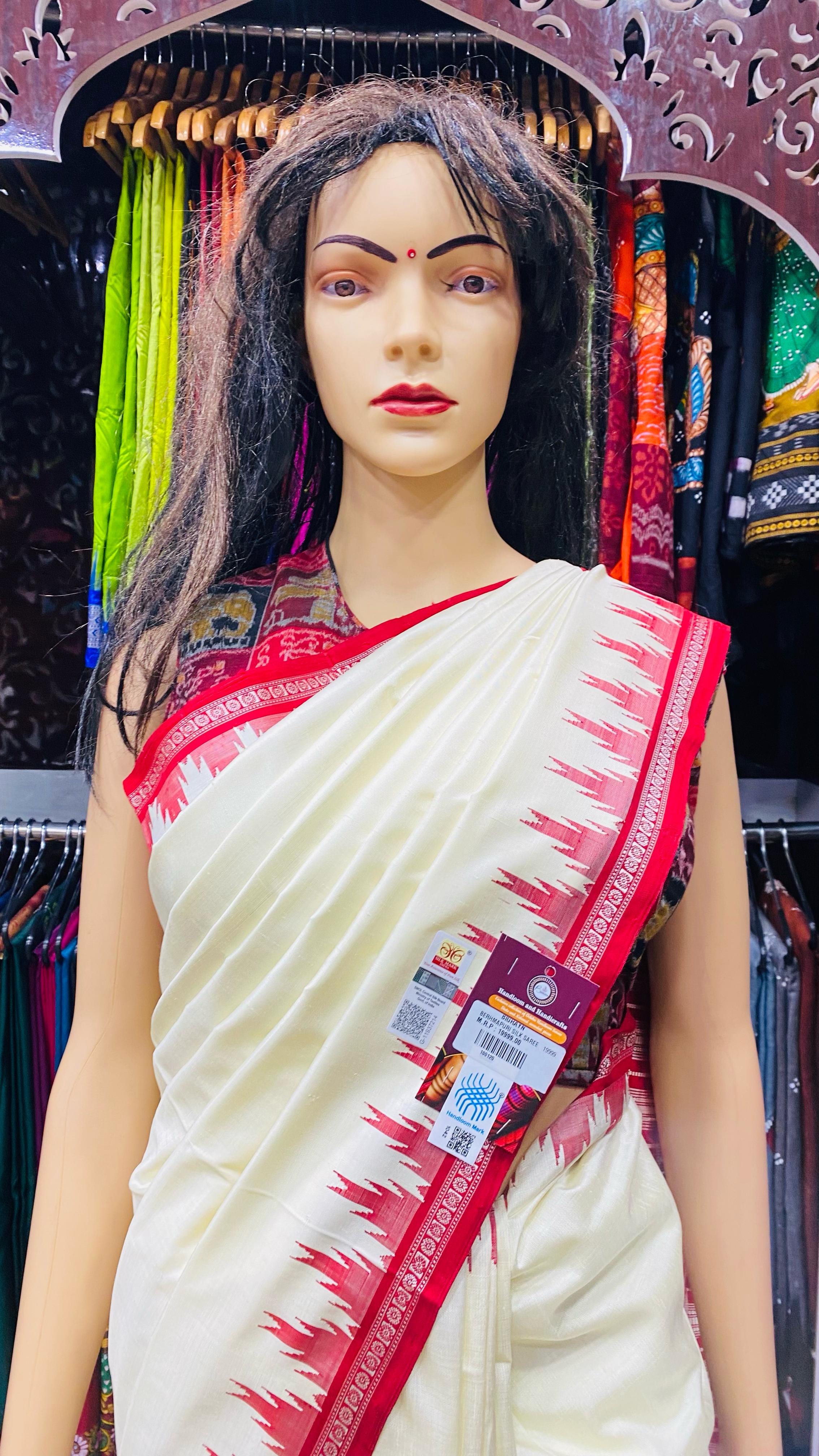 White Red Single Anchal Berhampuri Silk Saree