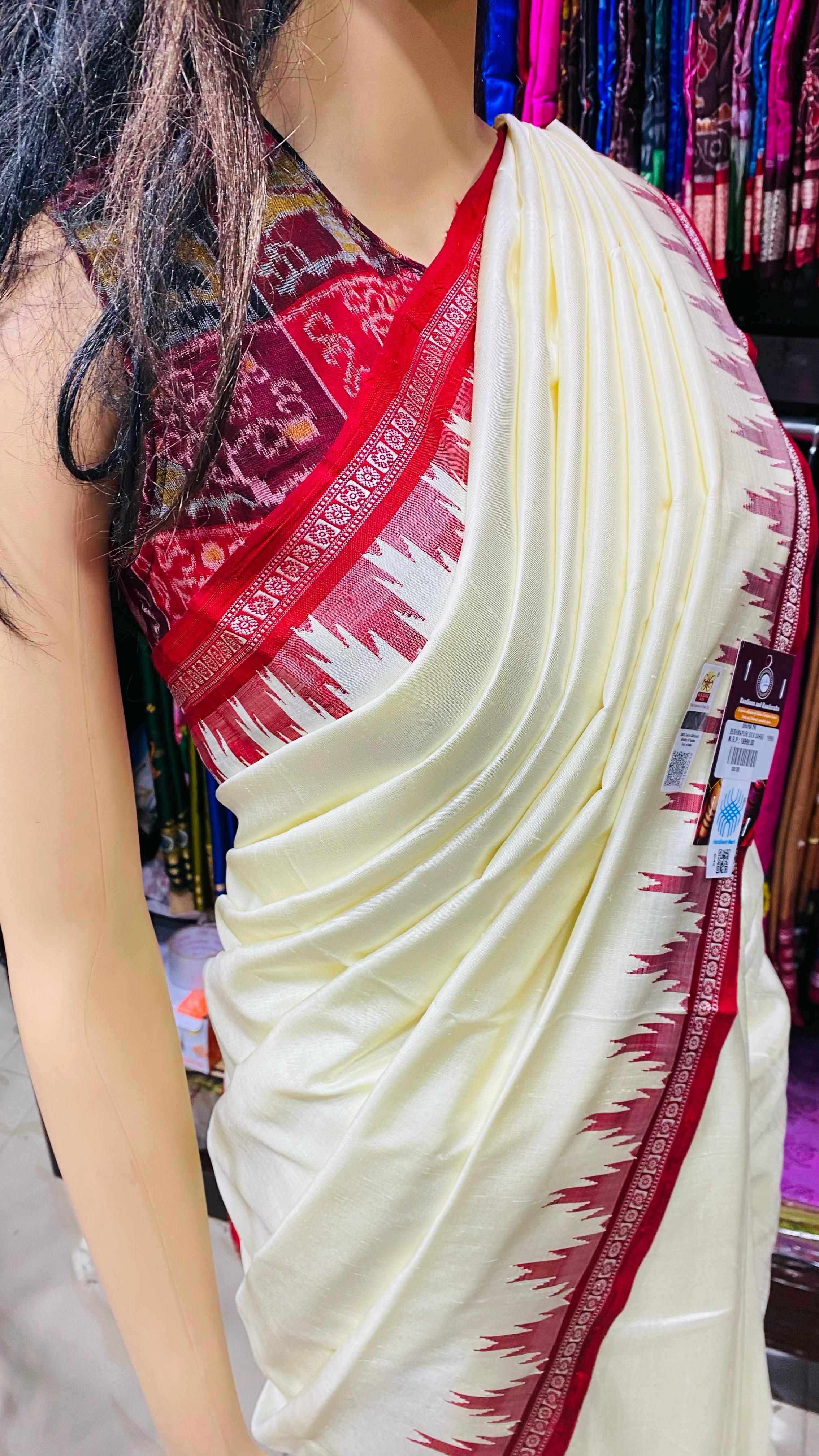 White Red Single Anchal Berhampuri Silk Saree