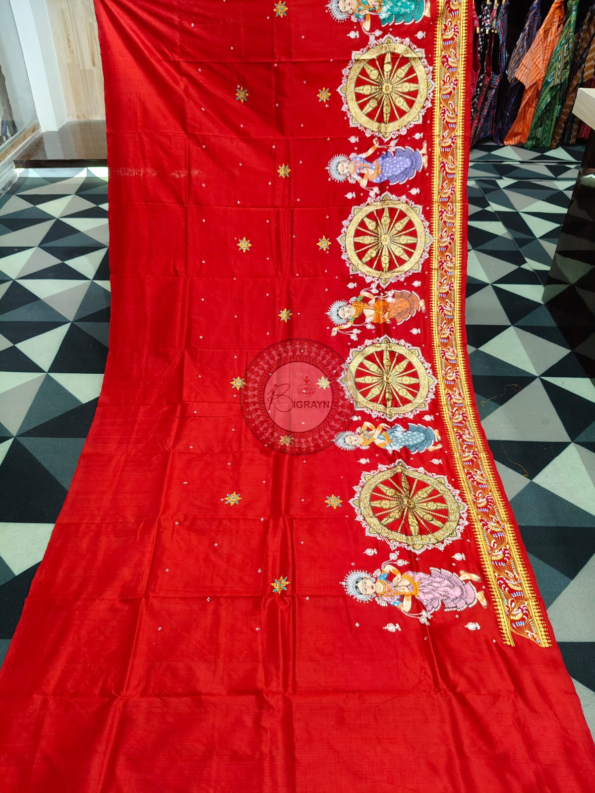 Red Full Body Konark Chakra Pattachitra Silk Saree