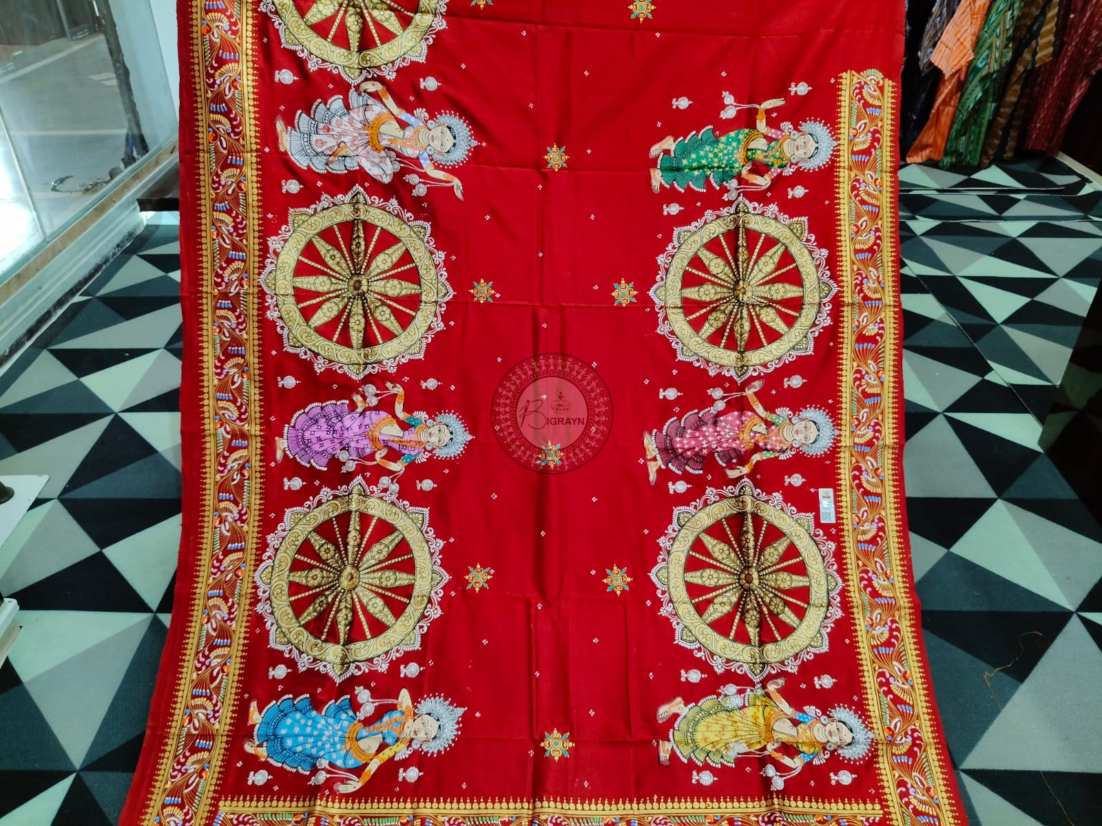 Red Full Body Konark Chakra Pattachitra Silk Saree